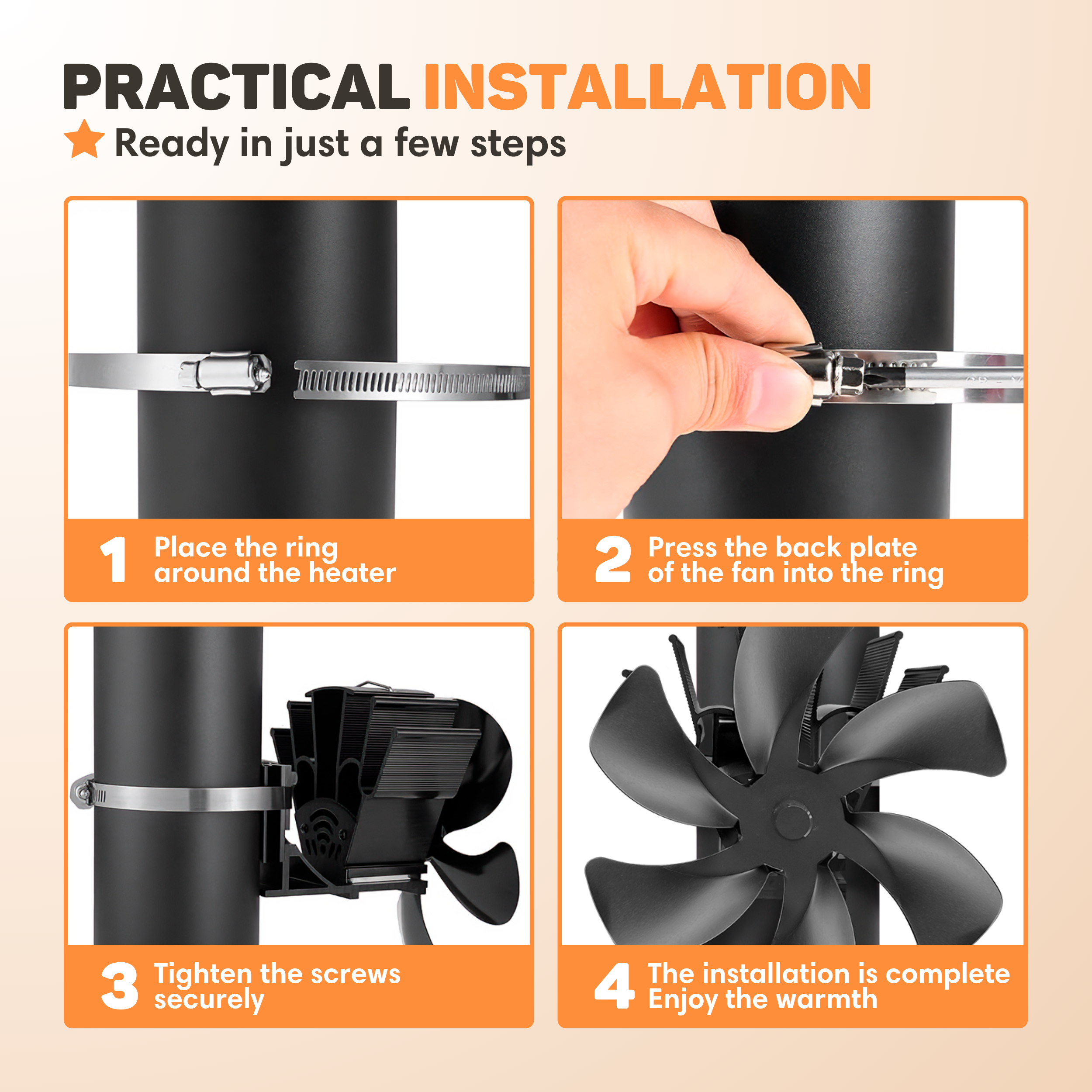 Instructional image showing fan installation: ring, heater, and screws. Step-by-step assembly guide, ending with the fan.