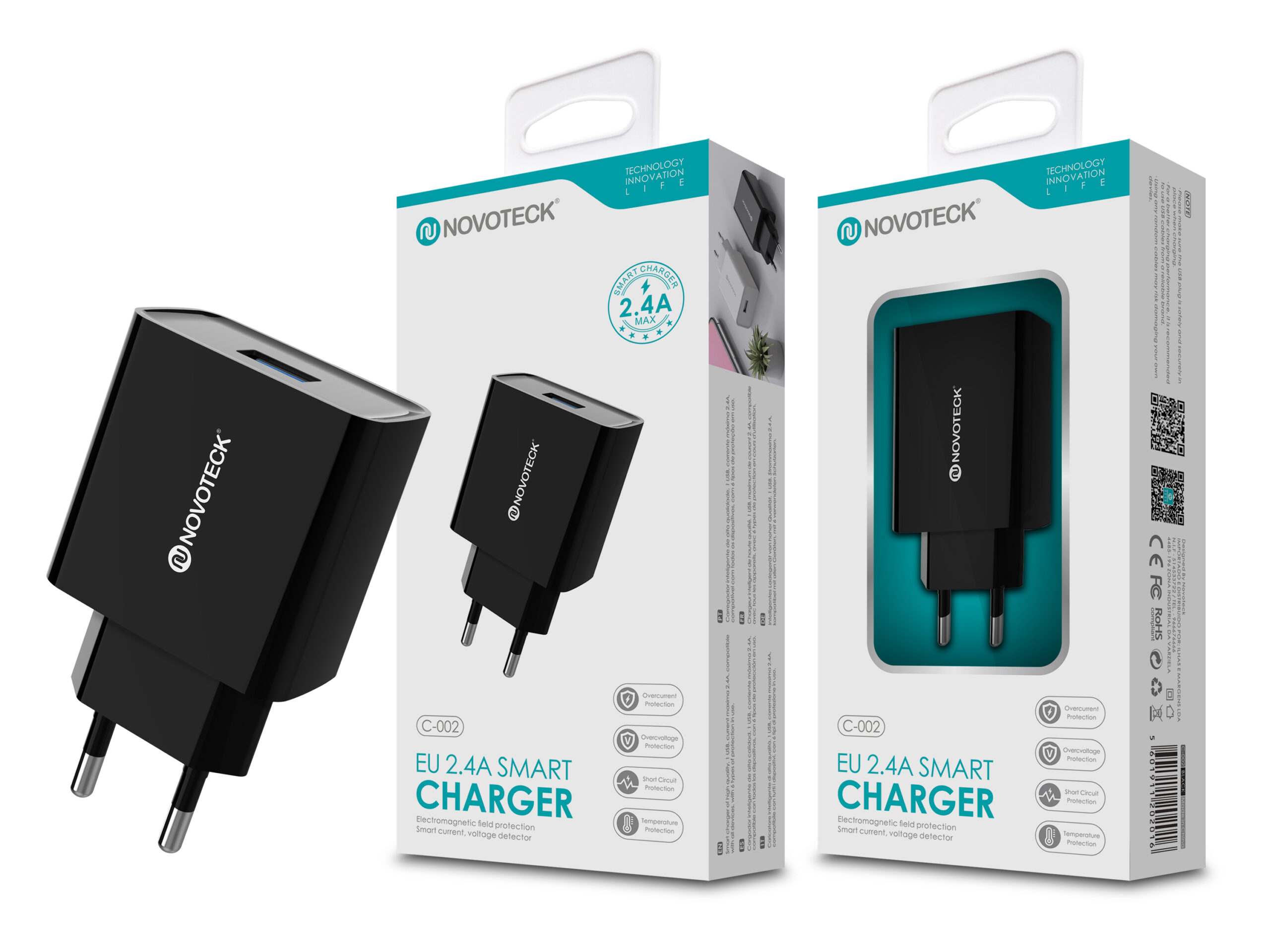 Cargador inteligente Novoteck 2.4A negro en su caja. La caja muestra el cargador y sus características.