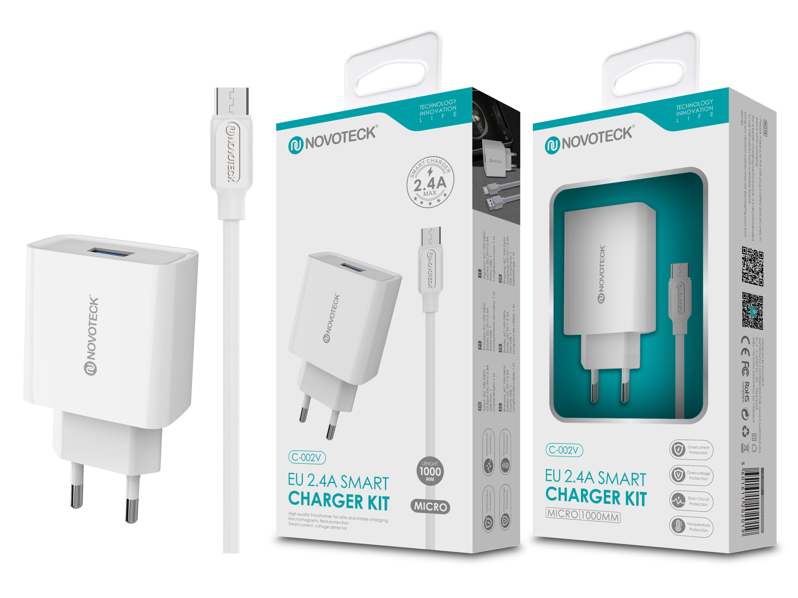 Juego de cargador y cable blancos sobre fondo blanco, con embalaje mostrando detalles del producto.