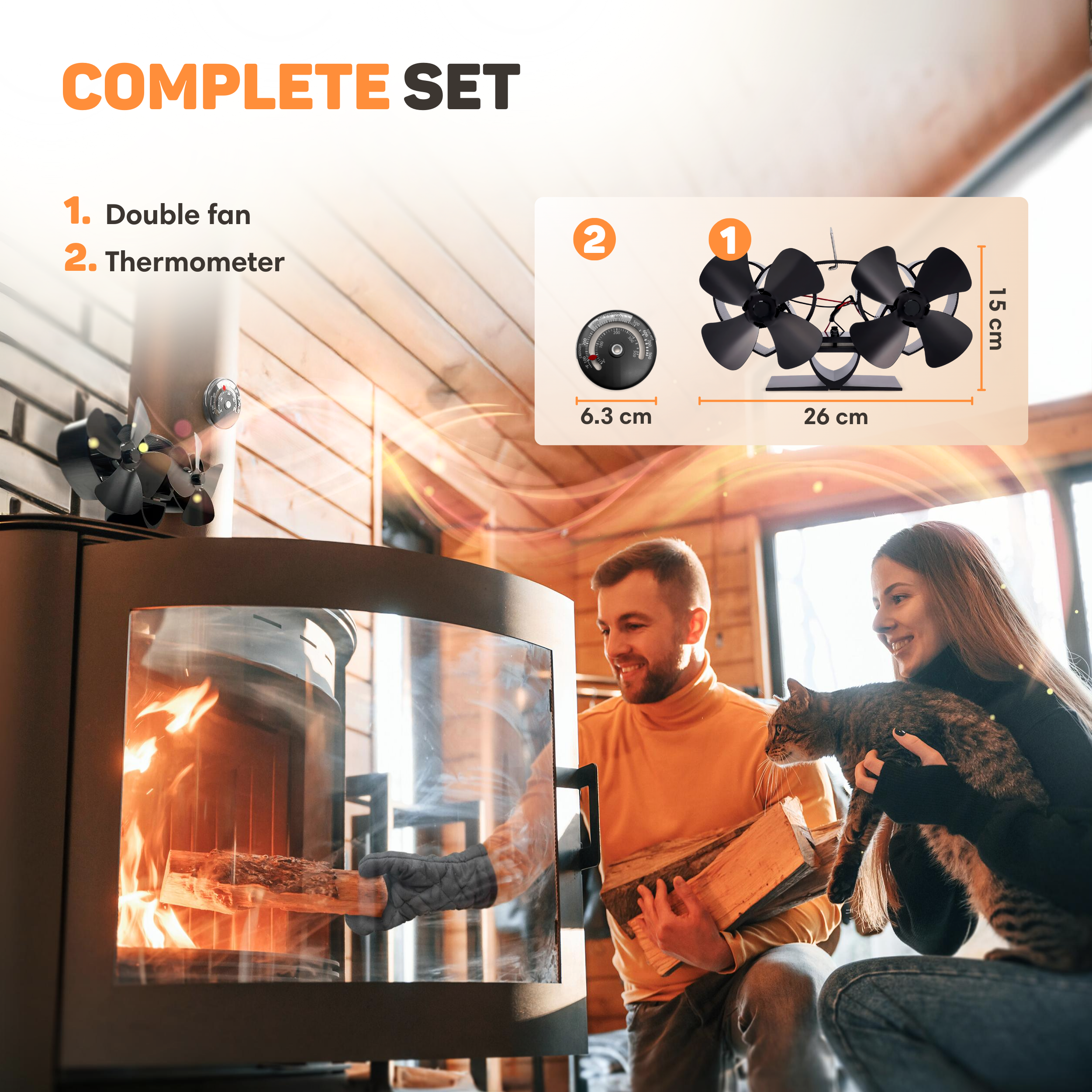 A couple near a fireplace with a cat. A double fan and thermometer are shown, plus dimensions.