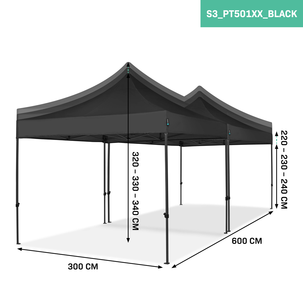 Een zwarte tent met afmetingen. Hoogte: 320-340 cm. Breedte: 300 cm. Lengte: 600 cm. Zijhoogte: 220-240 cm.