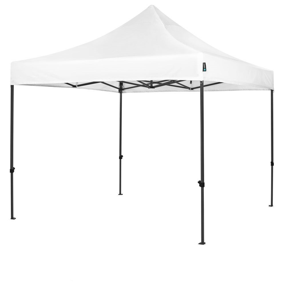 Een witte pop-up luifeltent met zwart frame en poten, tegen een witte achtergrond.