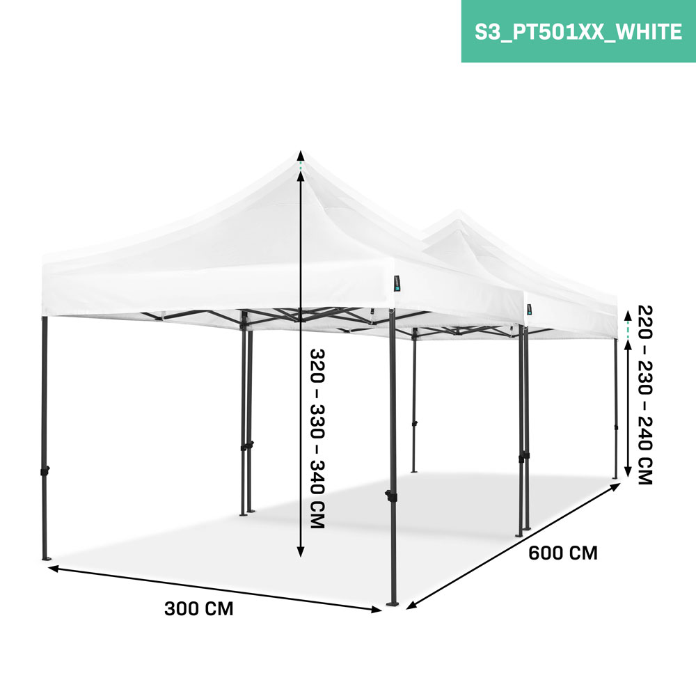 Witte tent met zwart frame. Afmetingen: 300x600x220-340cm. Label S3_PT501XX_WHITE.