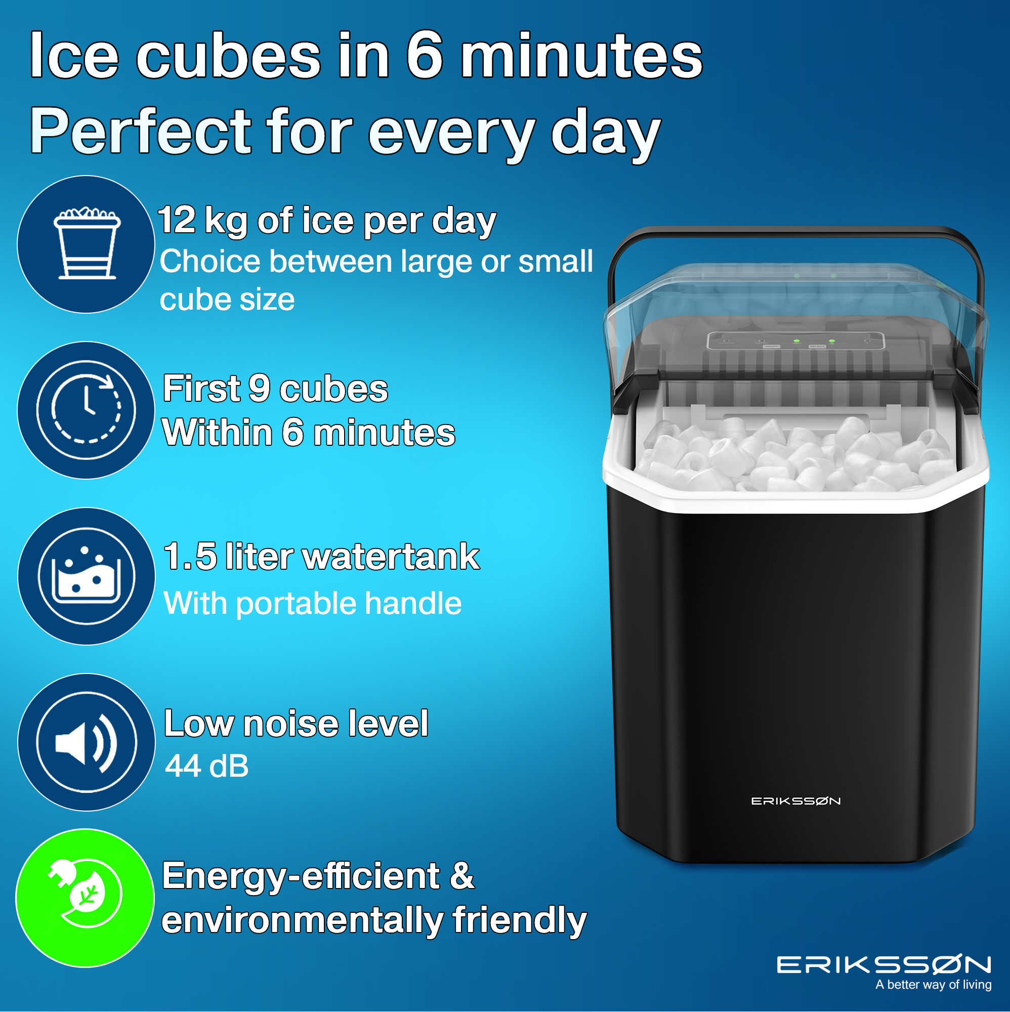 Black ice maker with text. It has ice inside. Blue background with white text describing its features.