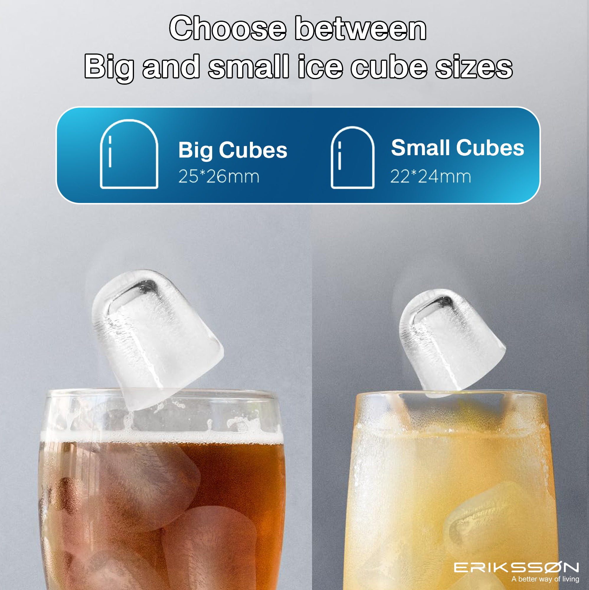 Image shows ice cubes falling into two glasses, one with dark, one with light liquid. Text displays cube size options.