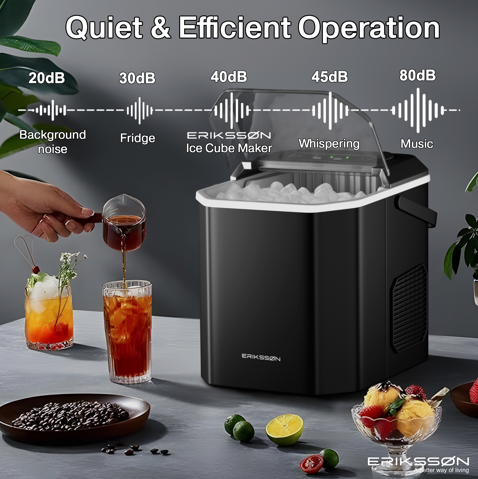 Black ice maker with drinks, coffee beans, fruit, and sound level indicators. Text: Quiet & Efficient Operation.