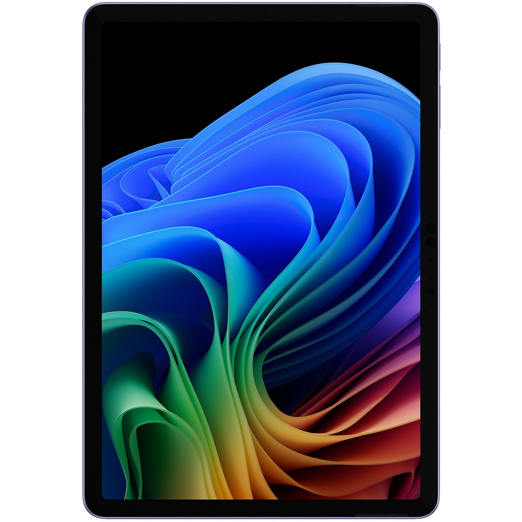 Tablet wyświetlający kolorowy, abstrakcyjny wzór fal w odcieniach niebieskiego, zielonego i czerwonego na czarnym tle.