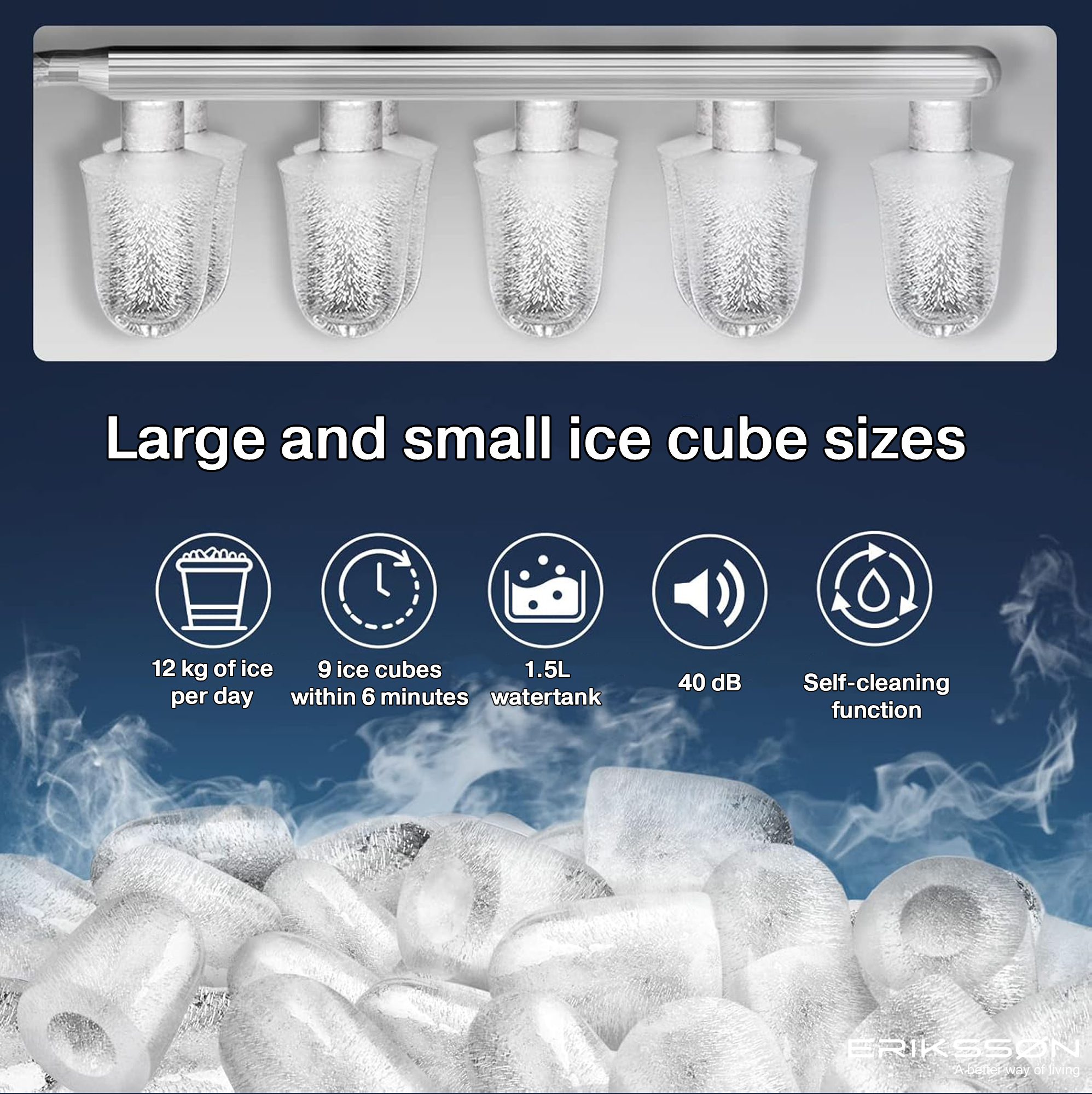 Image shows an ice maker with ice cubes, icons for ice production, and product features.