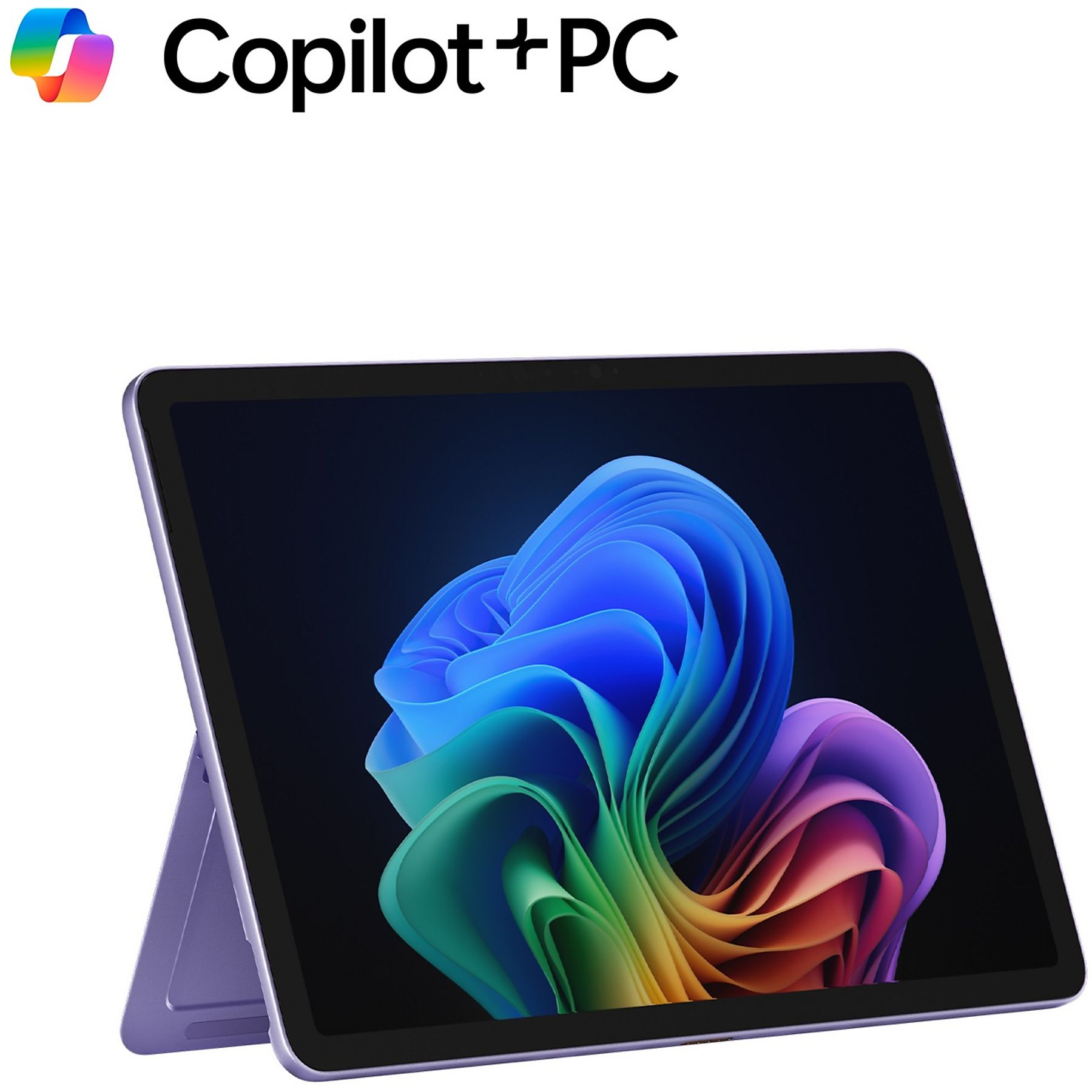 Tablet z kolorowym ekranem, logo "Copilot+PC" pojawia się na górze. Tablet jest fioletowy na białym tle.