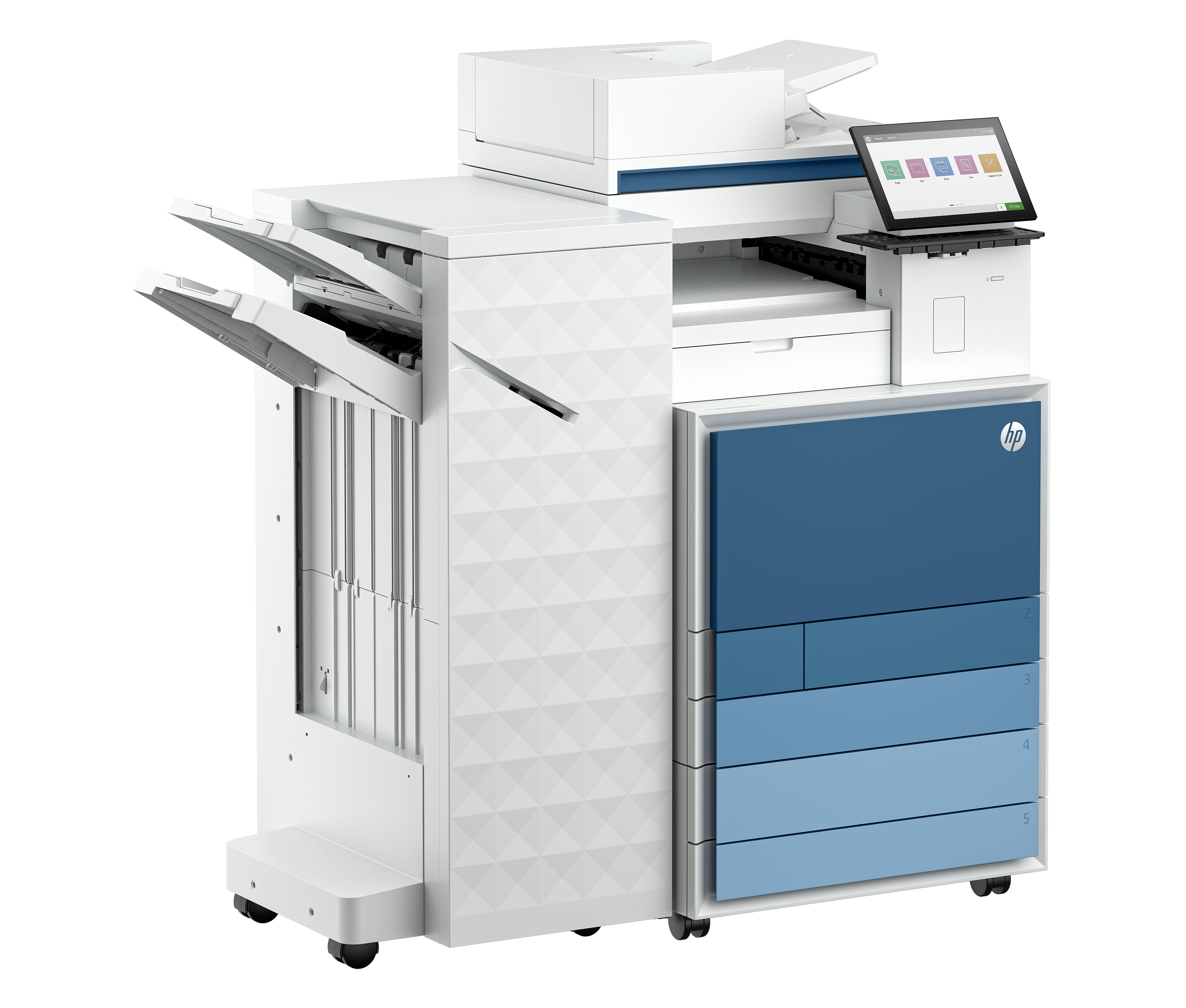 Una grande stampante HP bianca e blu, vassoi aperti e touchscreen. La stampante ha più vassoi.