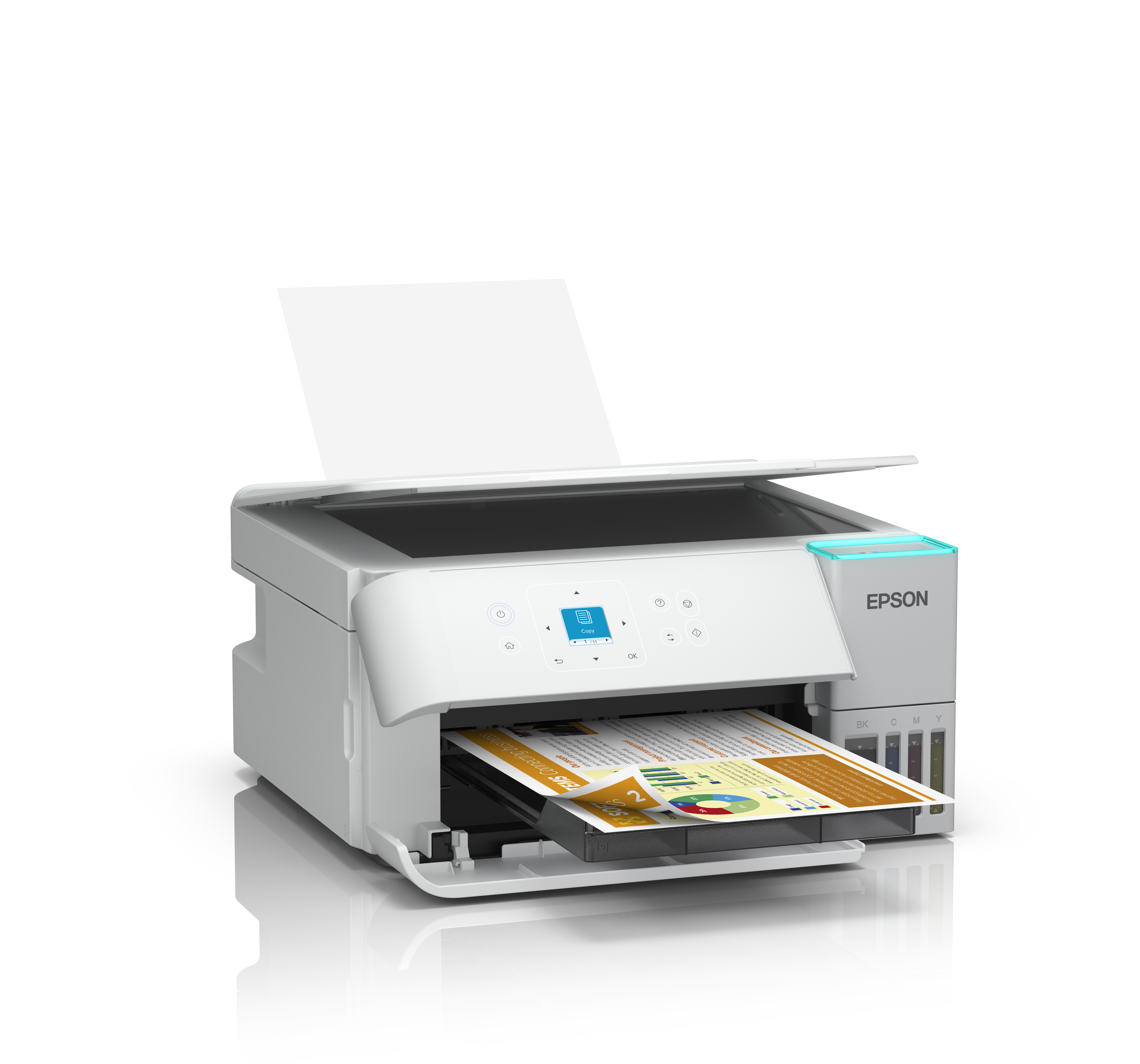 Una stampante Epson bianca è aperta e sta stampando un documento. Il vassoio della carta è estratto e le cartucce d'inchiostro sono visibili.