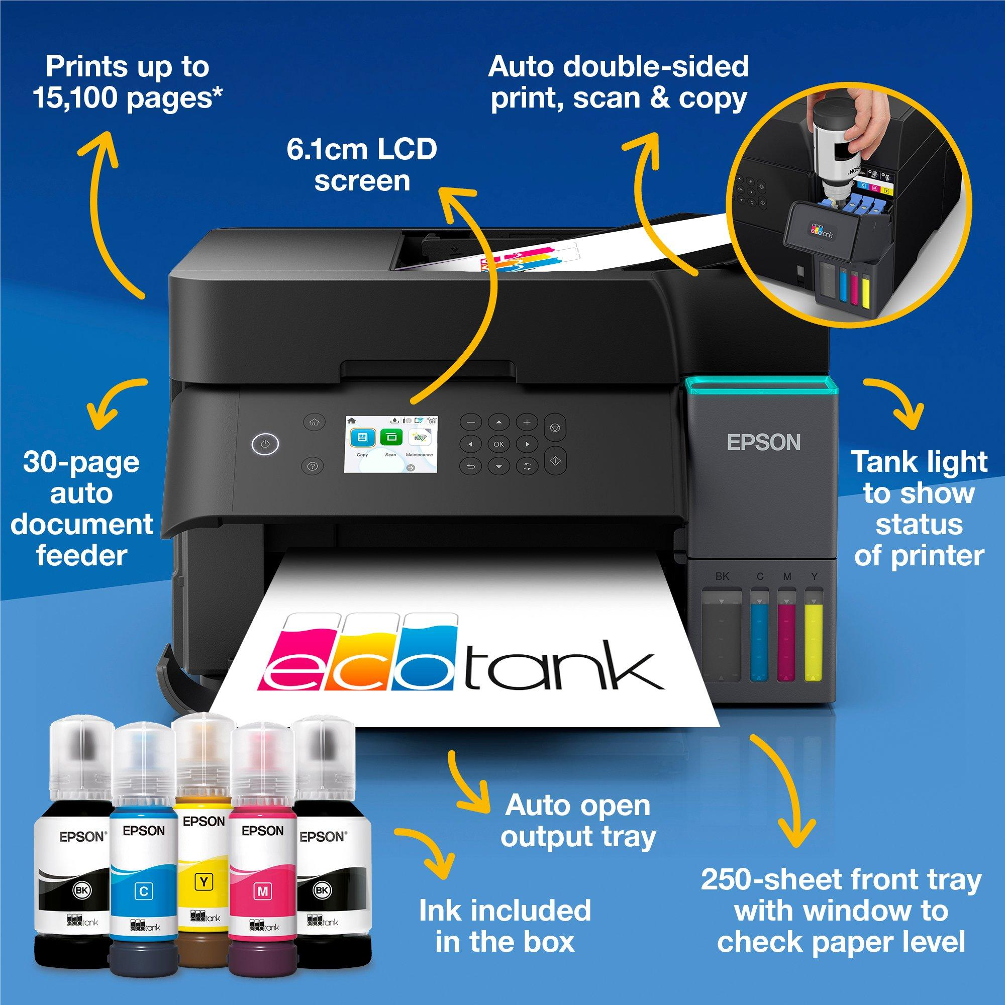 Stampante Epson con funzioni come stampa fronte-retro automatica, schermo LCD e flaconi di inchiostro. Ha un vassoio anteriore e un alimentatore documenti.