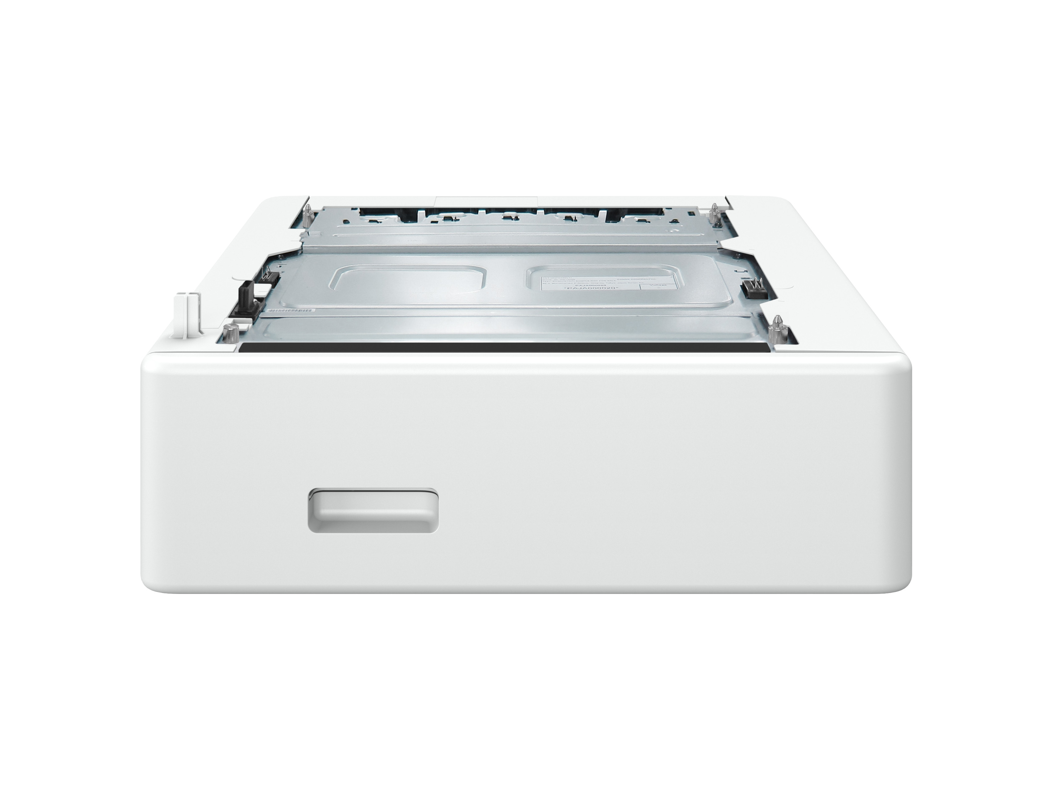 Biały element drukarki jest odizolowany na białym tle. Ma metalowy wierzch, uchwyt i prostokątny kształt.