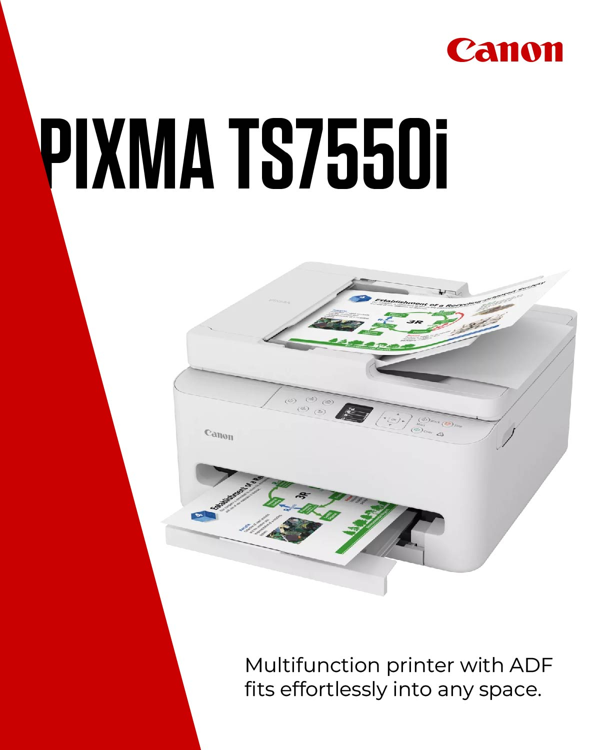 Viene mostrata una stampante Canon PIXMA TS7550i bianca che stampa documenti. La stampante ha vassoi per la carta e pulsanti di controllo.