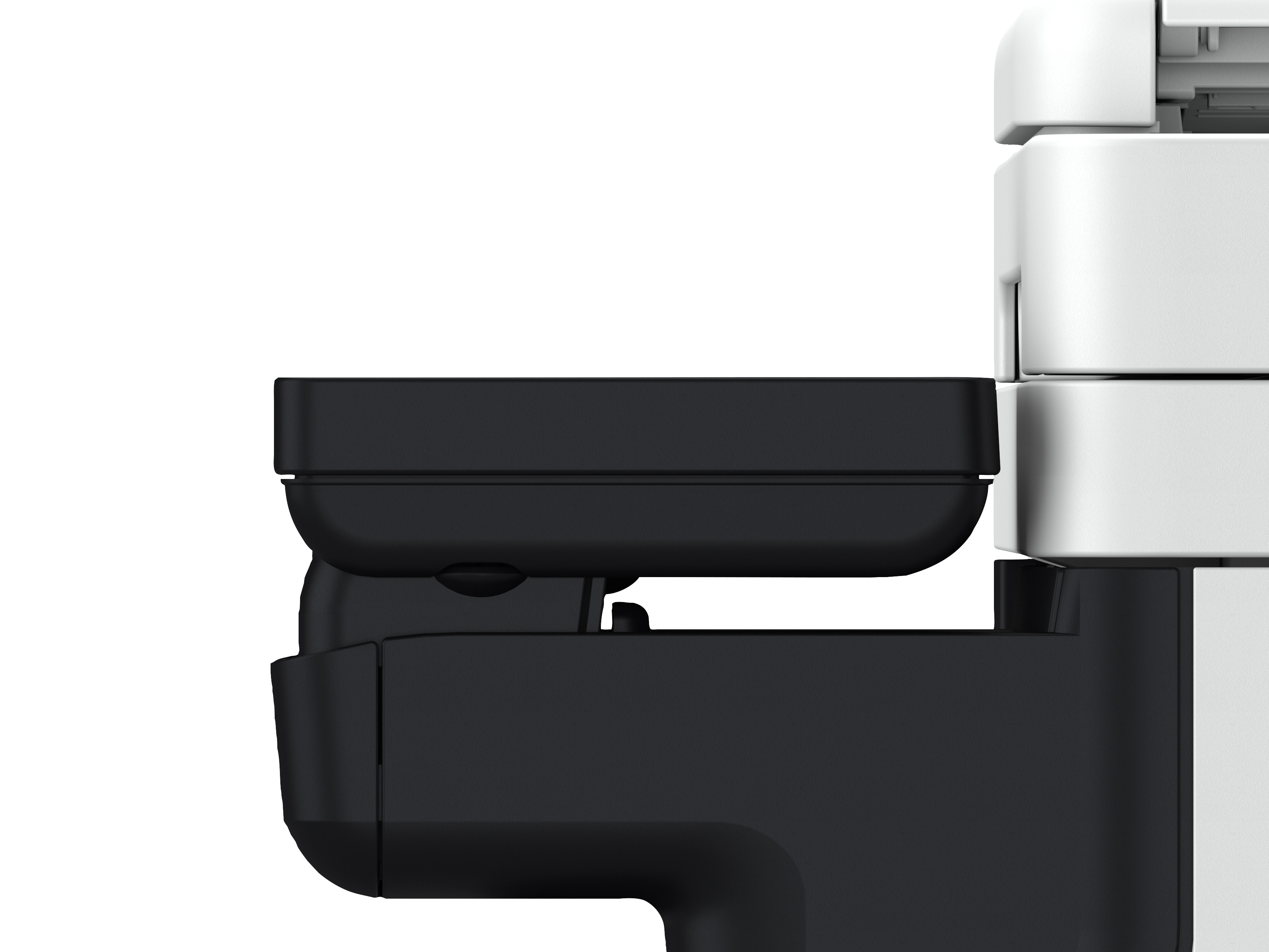 Zbliżenie na elementy drukarki. Czarne i białe części widoczne na białym tle.