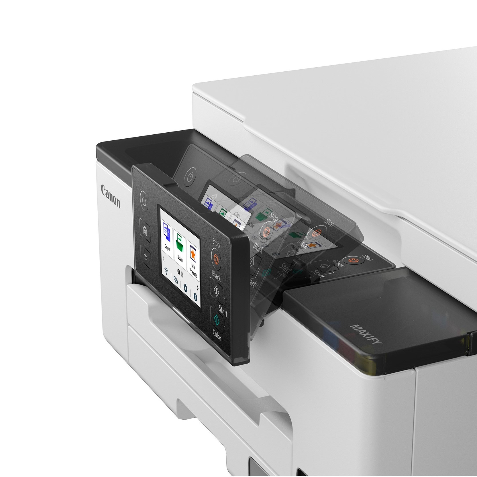 Viene mostrata una stampante Canon MAXIFY. Lo schermo mostra le opzioni copia, scansione e preimpostazioni. I pulsanti nero, avvio e colore sono visibili.