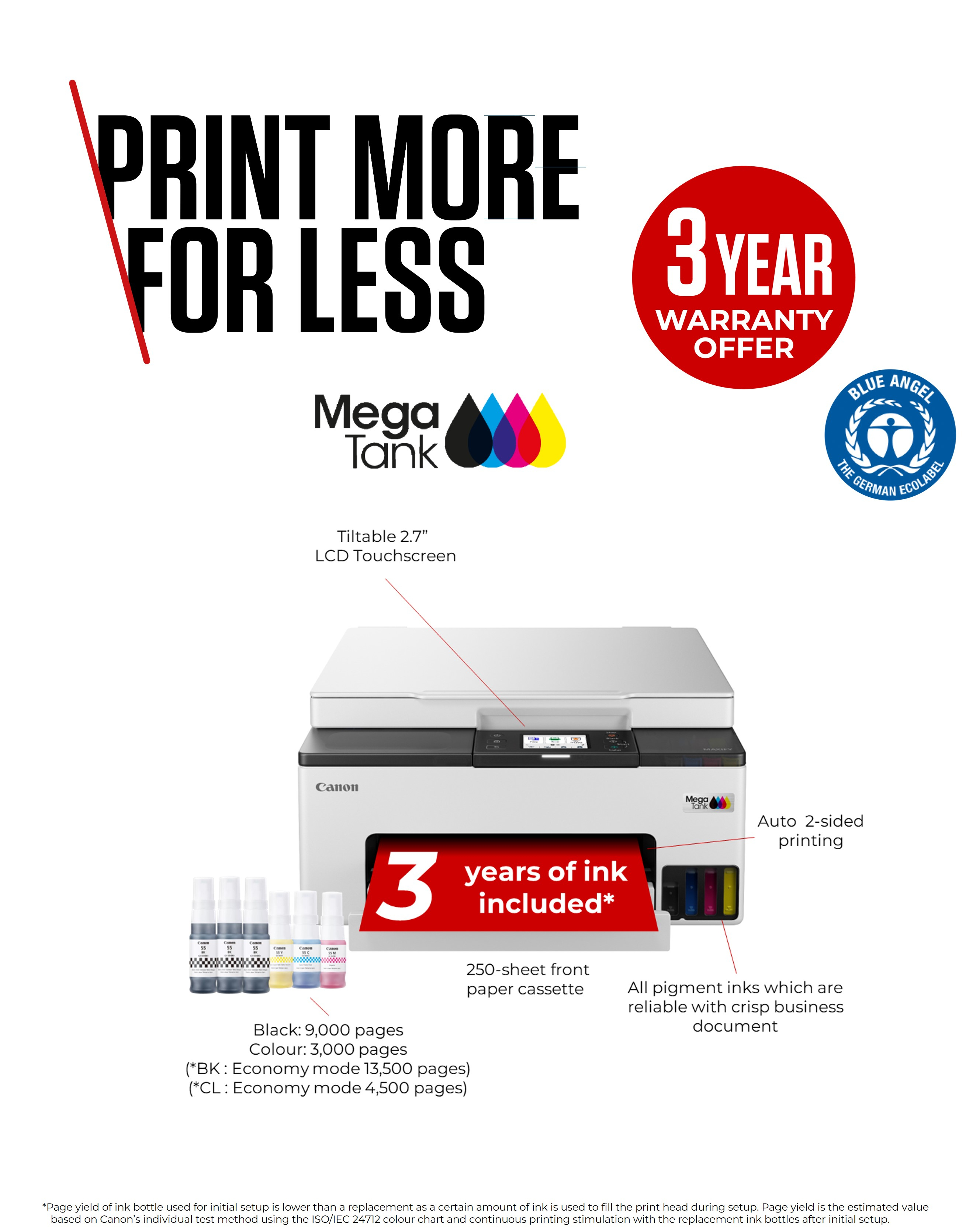 Pubblicità stampante Canon con testo 'Print More For Less', 3 anni di garanzia e flaconi di inchiostro.