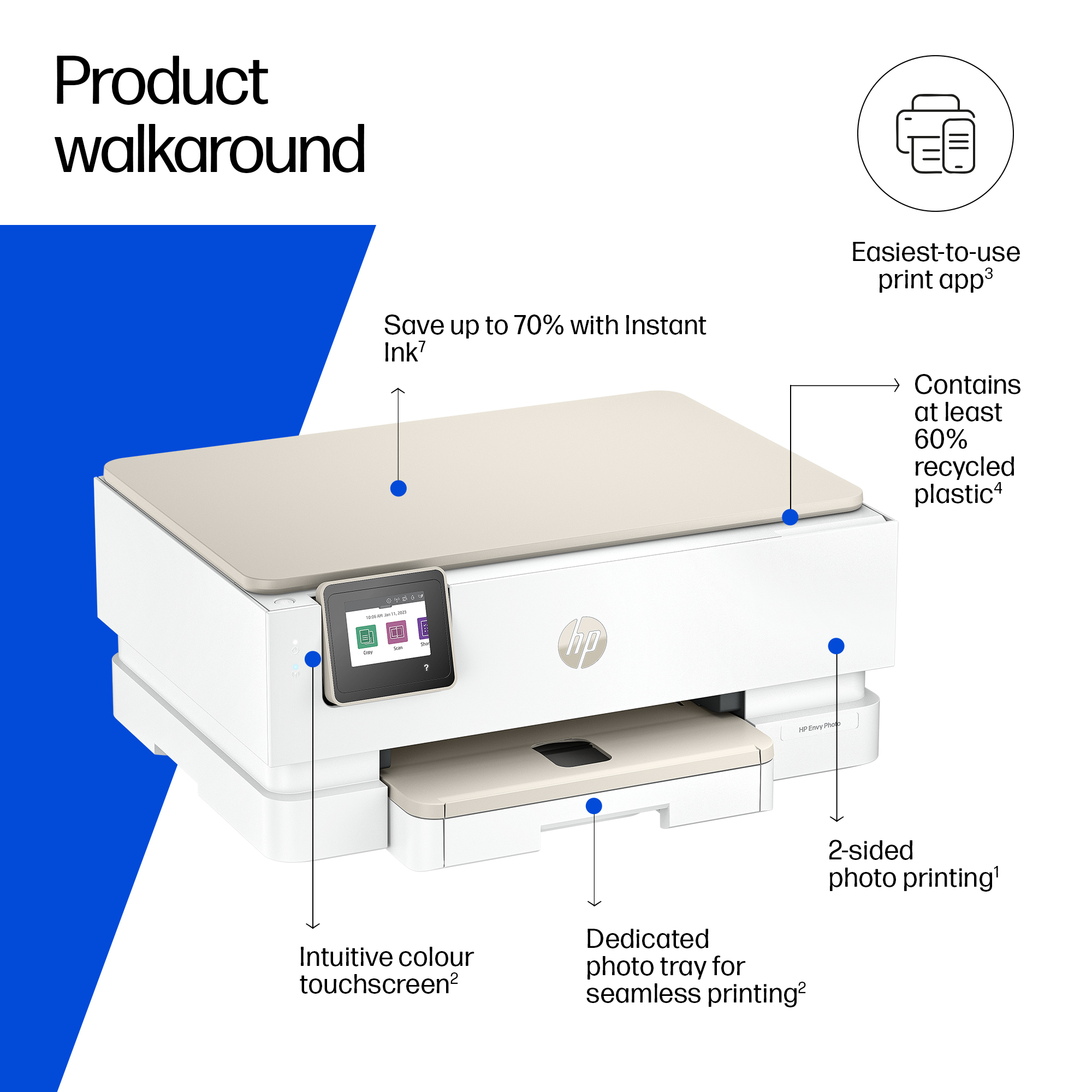 Biała drukarka HP z ekranem dotykowym, beżową górą i podajnikiem papieru. Cechy: drukowanie dwustronne i plastik z recyklingu.