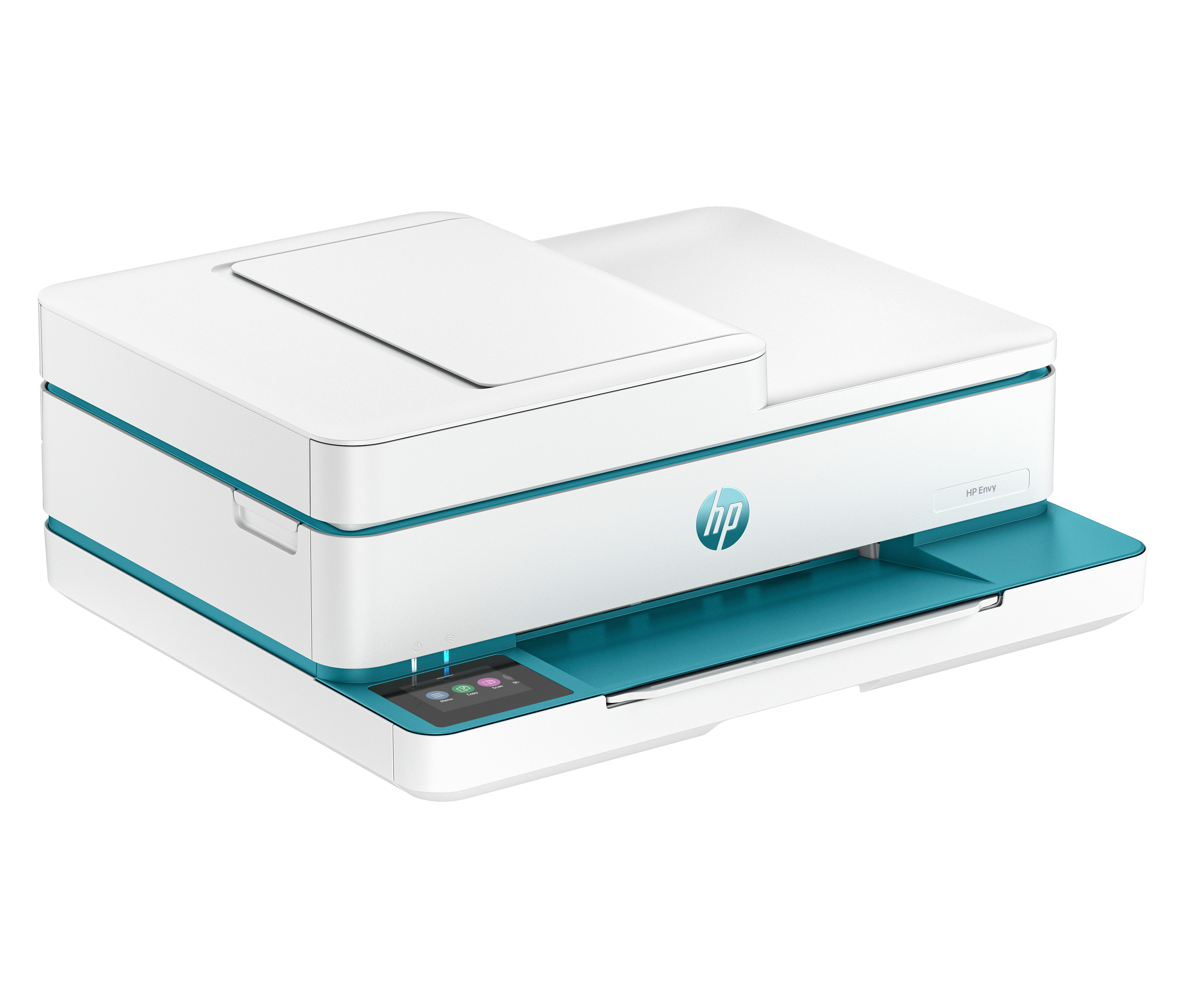 Ein weißer und türkisfarbener HP Envy-Drucker. Er hat einen Flachbettscanner und ein Touchscreen-Bedienfeld.