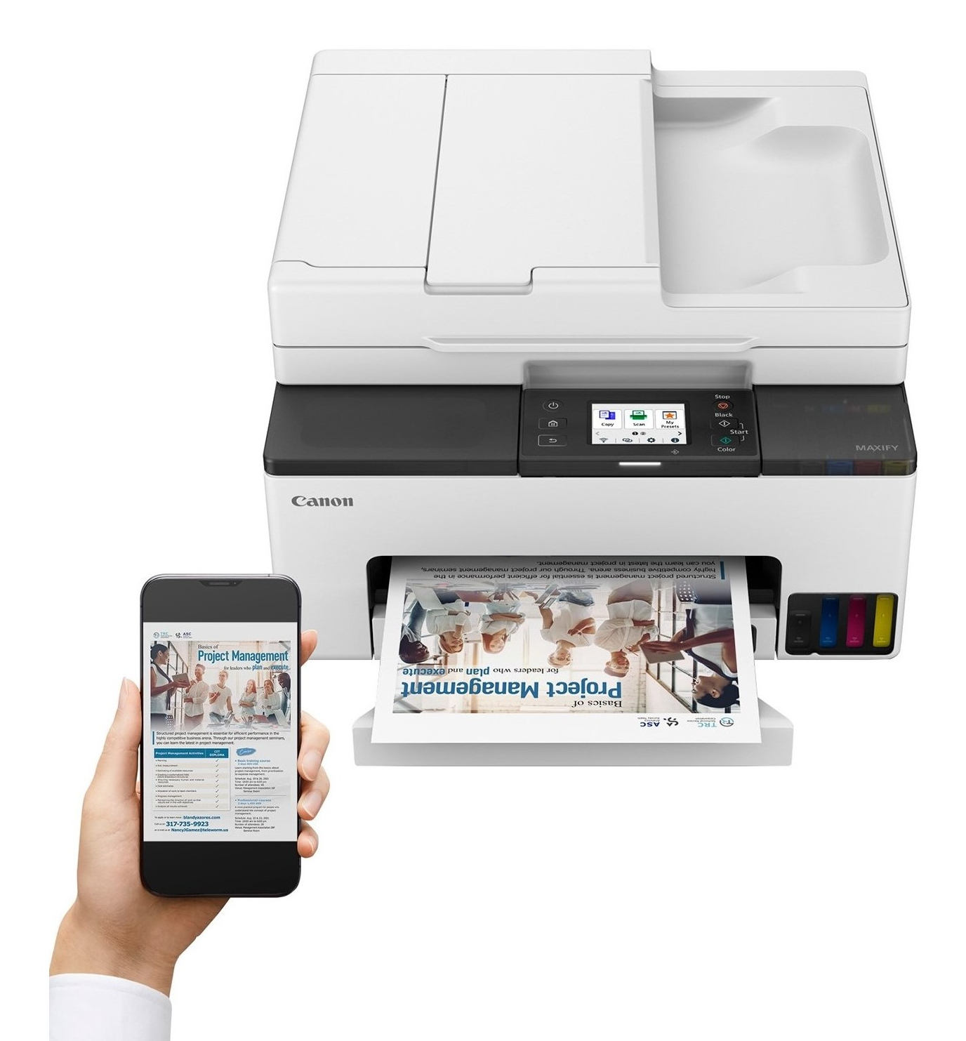 Una stampante Canon MAXIFY sta stampando un documento intitolato 'Project Management'. Uno smartphone mostra un documento simile.