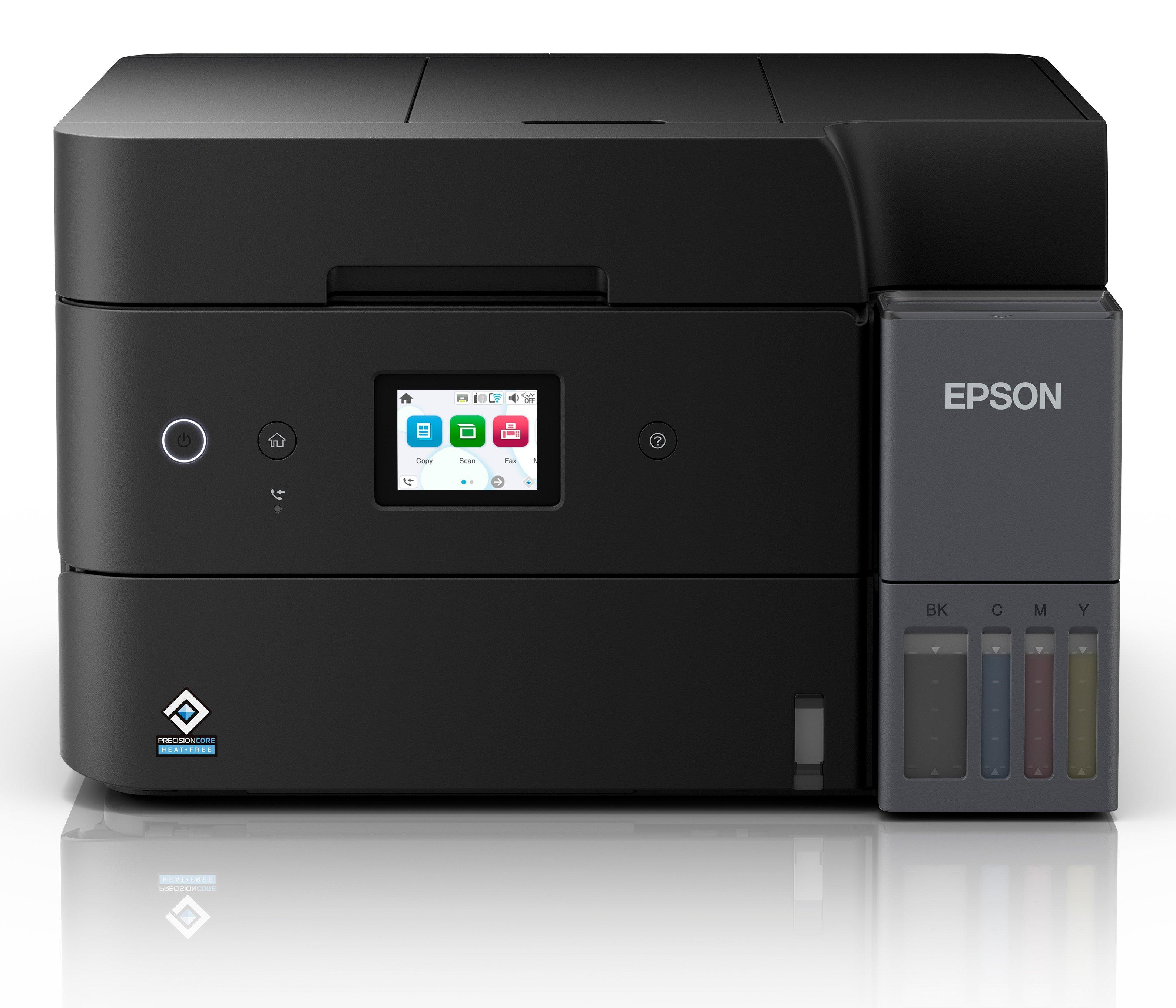 Una stampante Epson nera su una superficie bianca. Ha uno schermo e serbatoi d'inchiostro. Il logo è visibile.