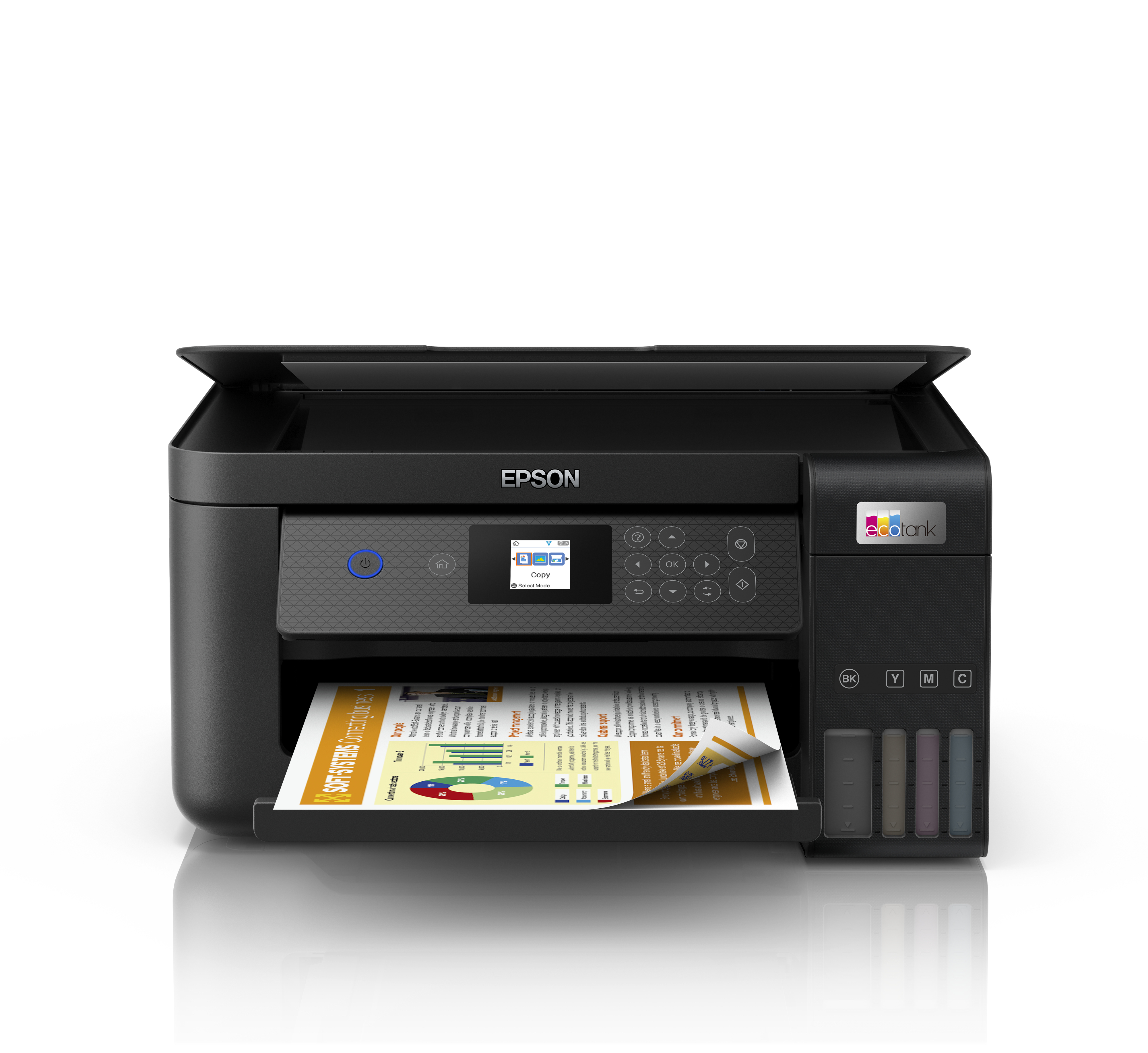 Imprimante Epson noire avec couvercle ouvert. Papier avec graphiques dans le bac. Réservoirs d'encre à droite. Fond blanc.