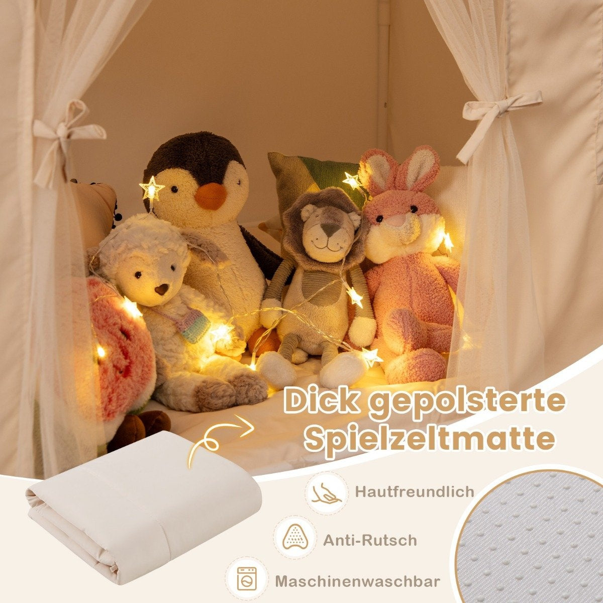 Interior de tienda de juegos con peluches, incluyendo un pingüino, un león y un conejo. Una alfombra beige doblada está al frente. Texto e iconos.