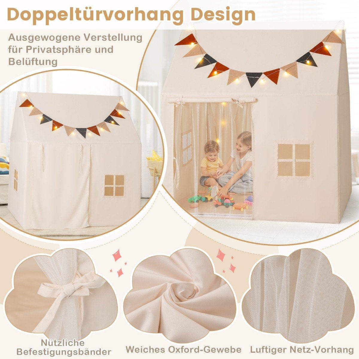 Una tienda de juegos beige para niños, adornada con un banderín colorido e iluminada con luces de cadena.