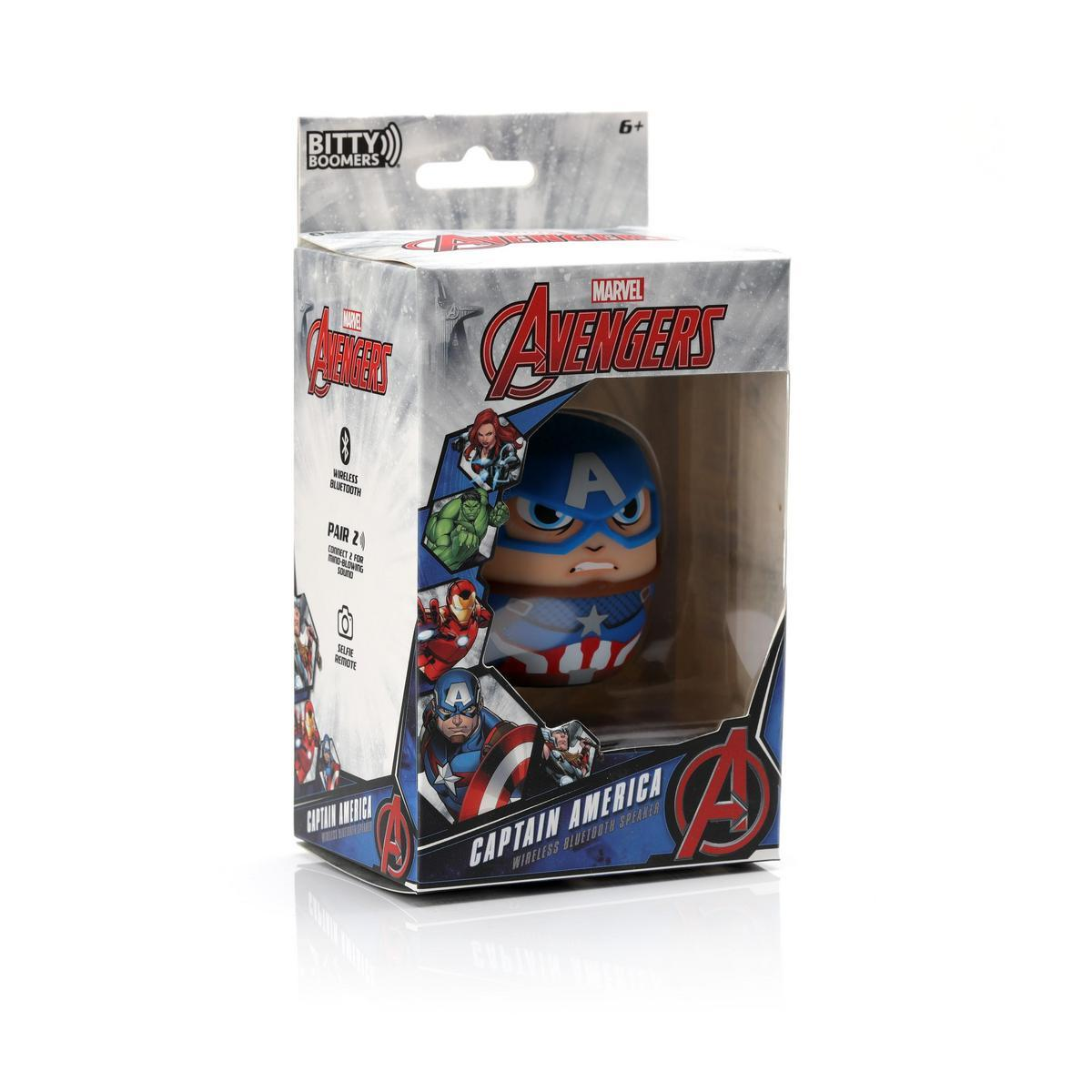 Kaptan Amerika kablosuz Bluetooth hoparlör ambalajında. Kutuda Marvel's Avengers markası bulunuyor.