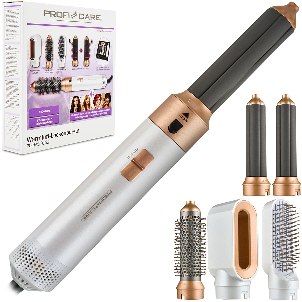 Biało-złote narzędzie do stylizacji włosów Profi Care z wieloma nasadkami, w tym szczotkami i lokówkami, oraz pudełko produktu.
