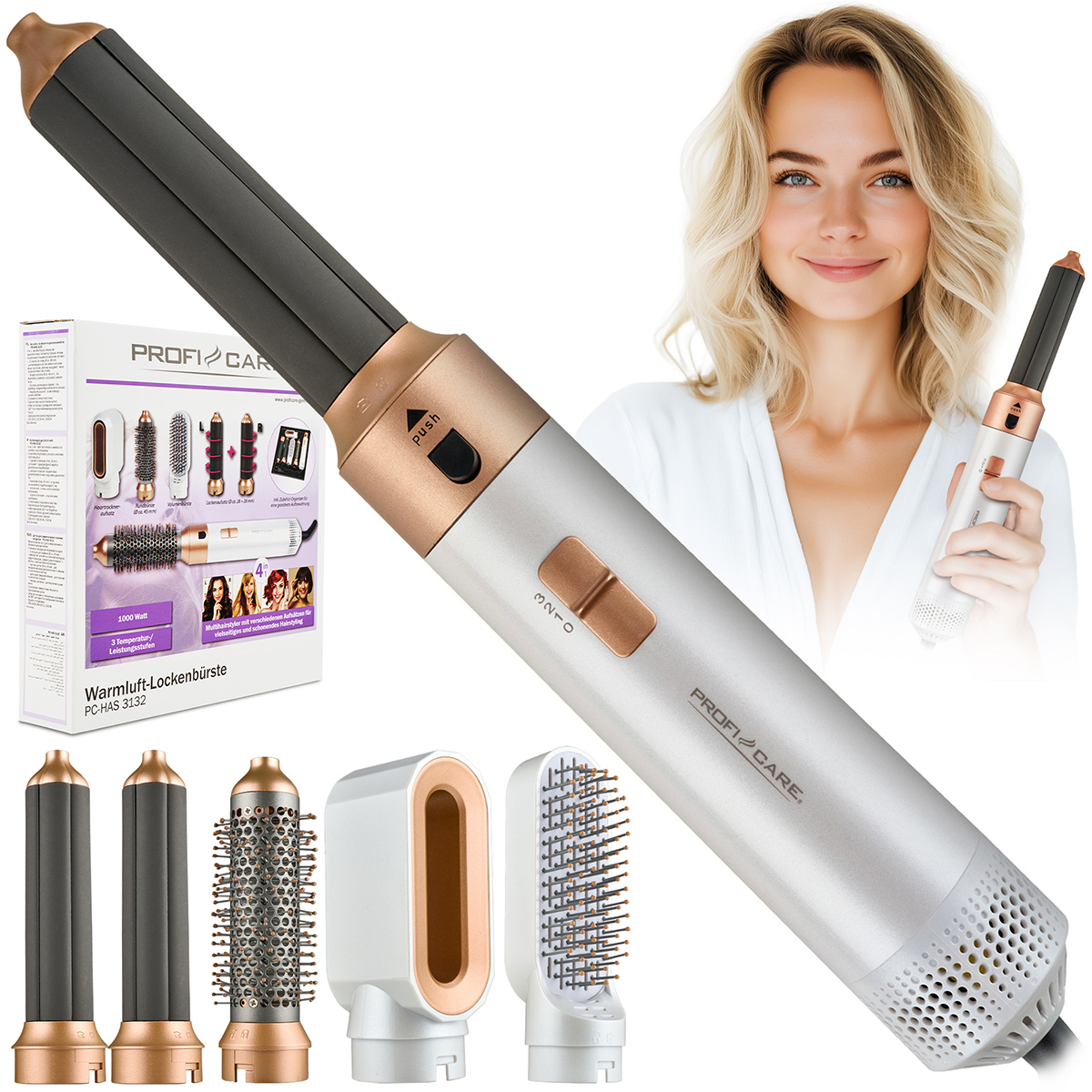 Kobieta trzyma lokówkę. Pudełko pokazuje nasadki. Wyświetlane są różne nasadki. Kobieta uśmiecha się, mając kręcone blond włosy.