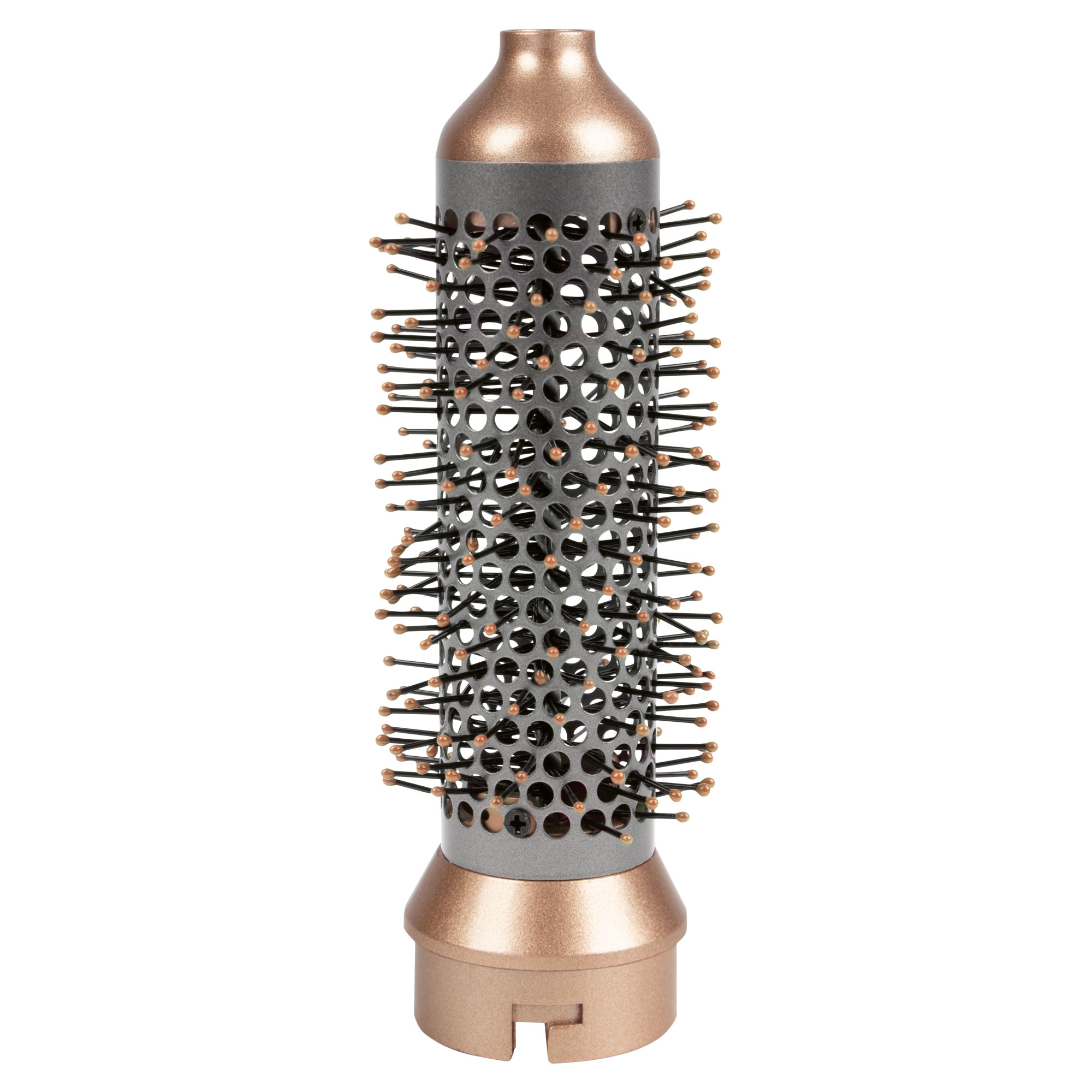 Okrągła szczotka do włosów z czarnym włosiem i złotymi akcentami. Uchwyt i podstawa są złote.