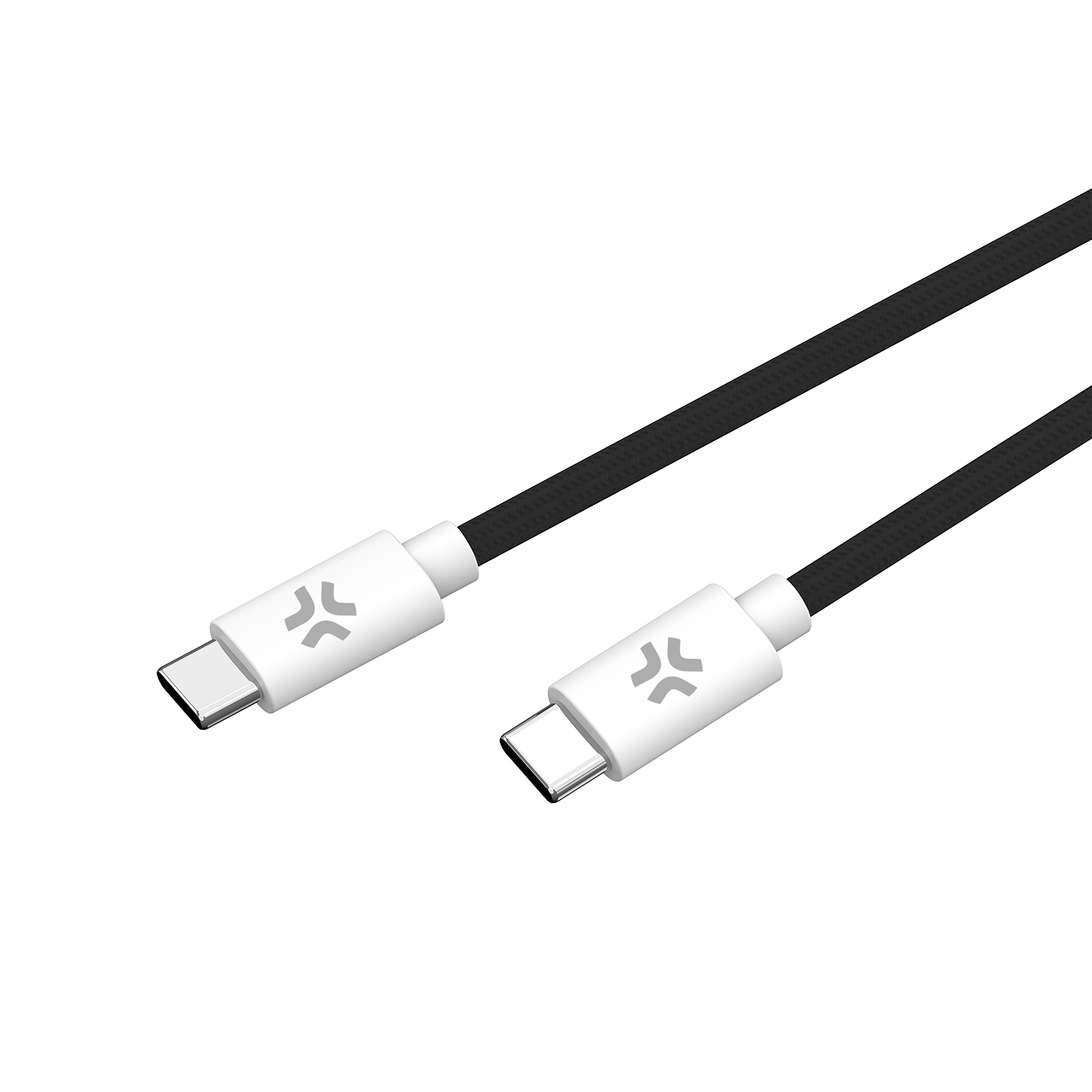 İki siyah USB-C kablosu, logolu beyaz konektörler. Beyaz arka plan. Kablolar çapraz konumlandırılmış.