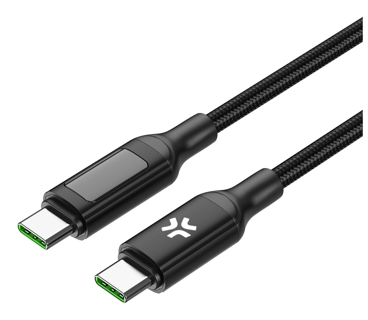 Zwei schwarze USB-C-Kabel, eines mit Logo. Die Stecker sind silbern, und das Kabel ist schwarz geflochten.