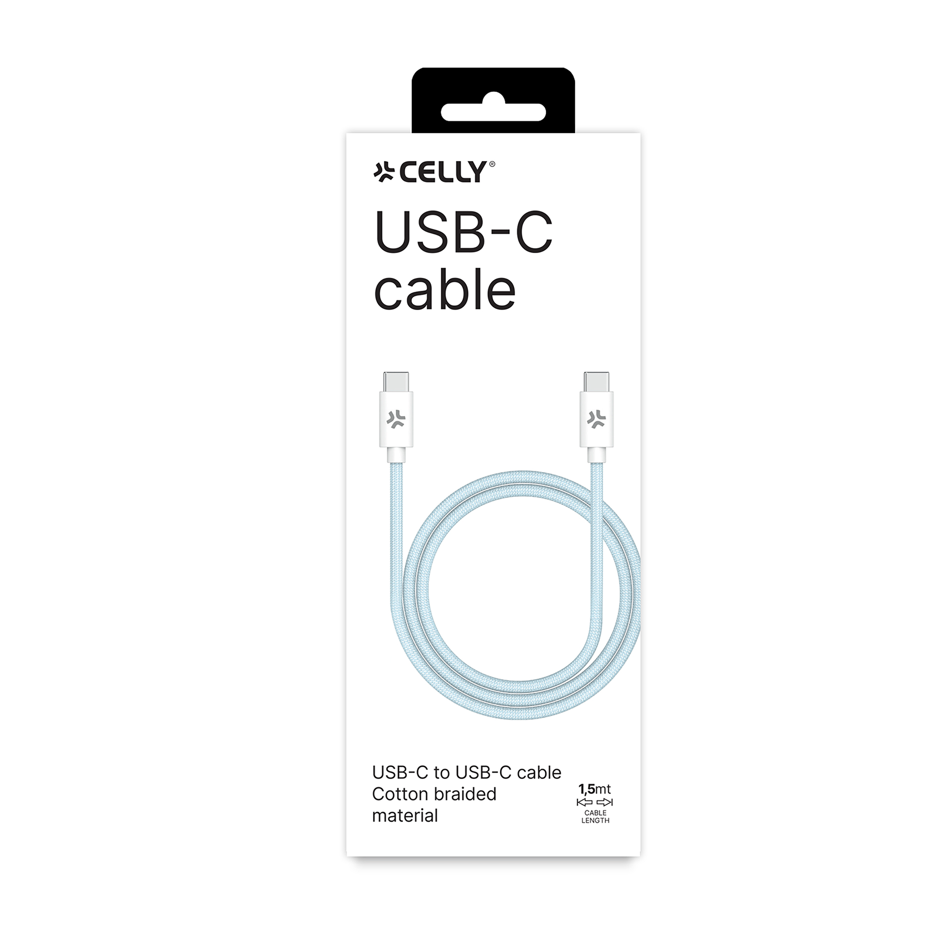 Una confezione bianca mostra un cavo USB-C. È azzurro, intrecciato e lungo 1,5 metri, il marchio è Celly.