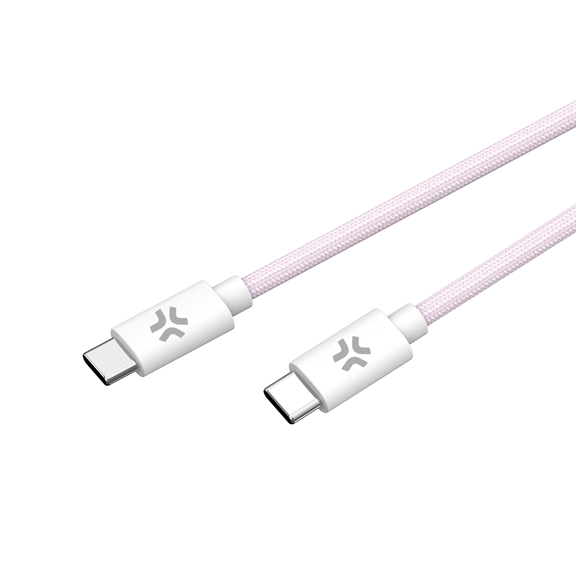 Ein weißes USB-C-Ladekabel mit einem rosa geflochtenen Kabel. Die Stecker sind weiß und haben ein graues Logo.