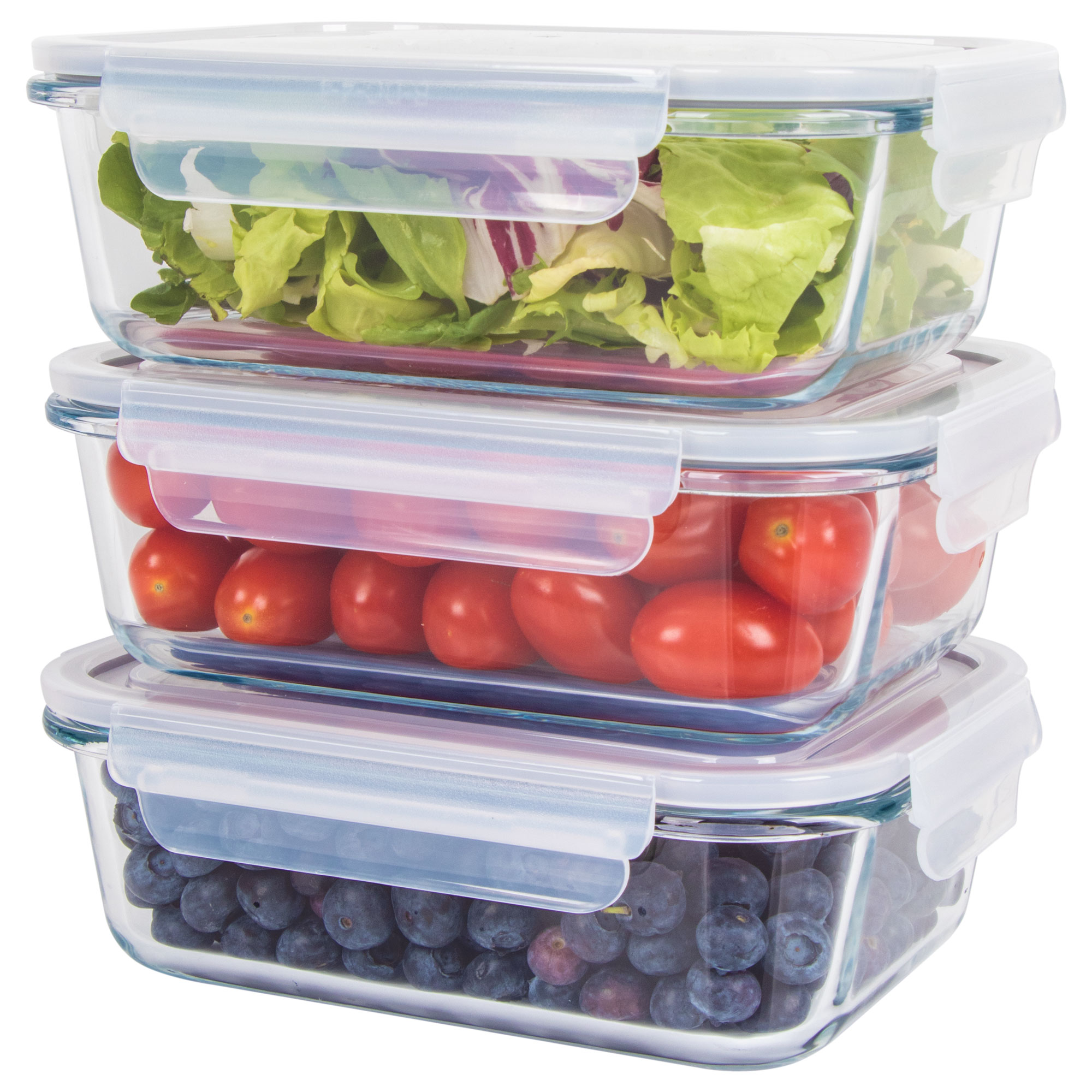 Trzy szklane pojemniki na żywność, ułożone jeden na drugim. Góra: sałata. Środek: pomidory. Dół: jagody. Białe pokrywki.