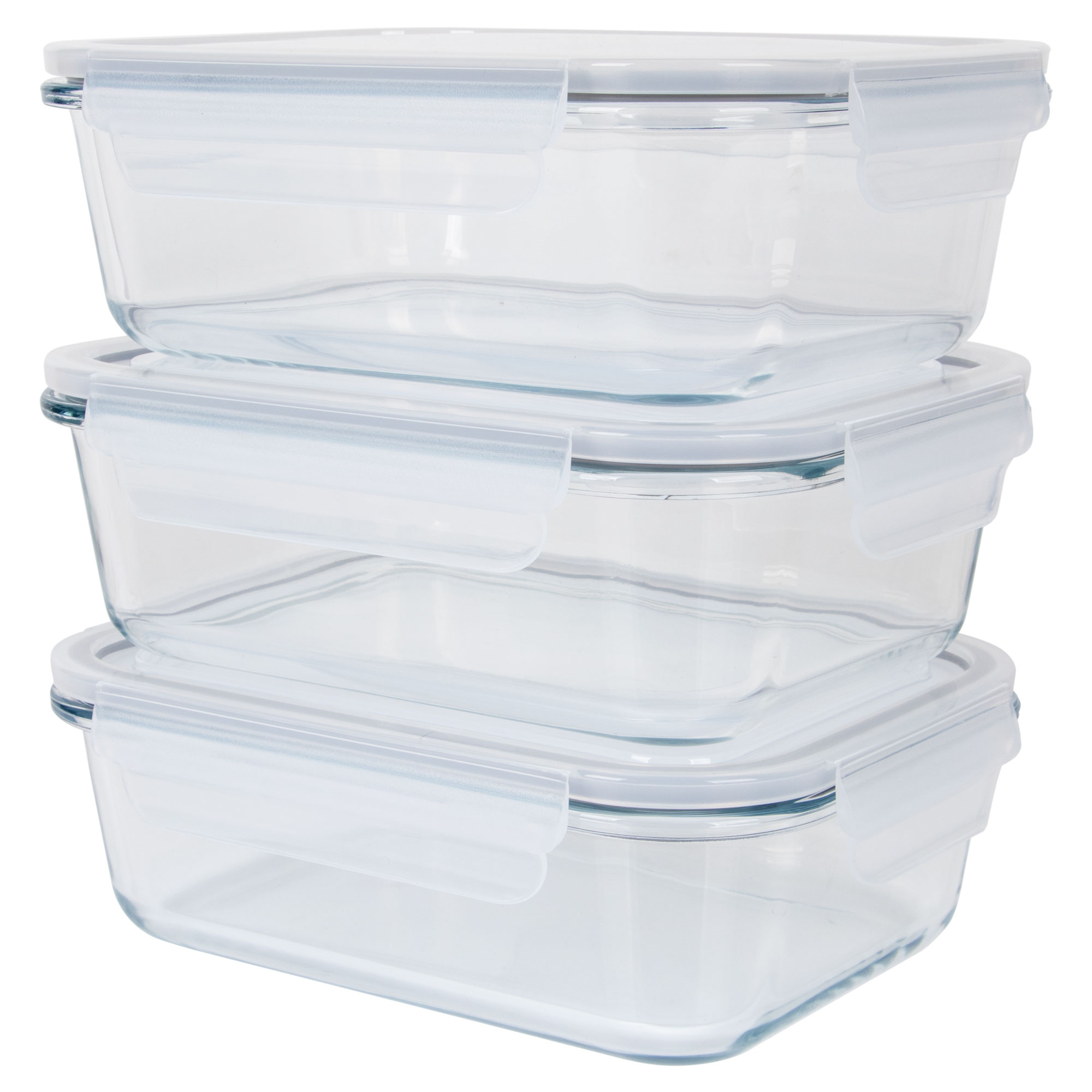 Trzy przezroczyste szklane pojemniki na żywność ułożone w stos. Każdy ma białą pokrywkę z dwoma zatrzaskami. Białe tło.