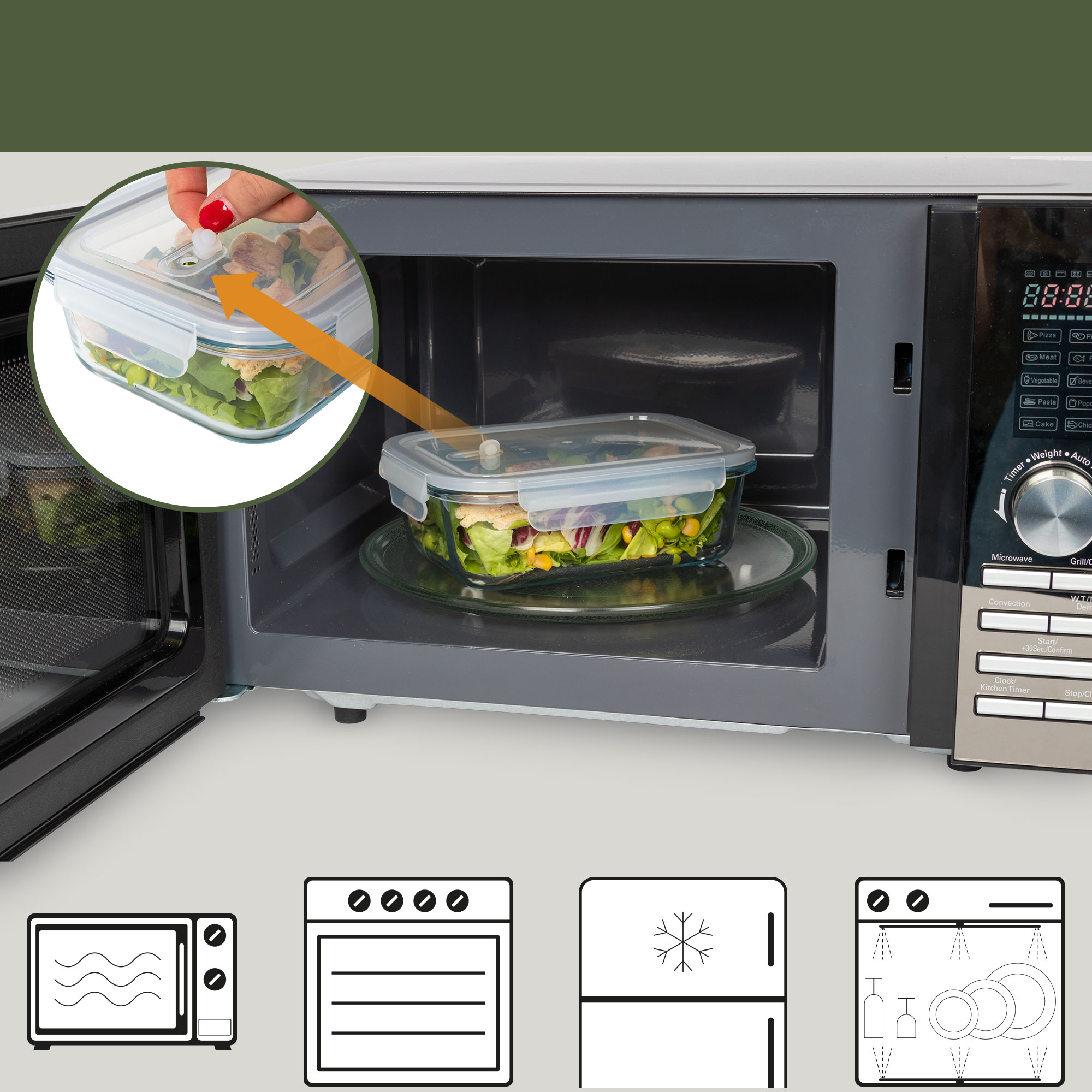 Mikrofalówka z miską sałatki w środku. Ręka otwiera pokrywkę. Ikony mikrofalówki, piekarnika, lodówki i zmywarki.