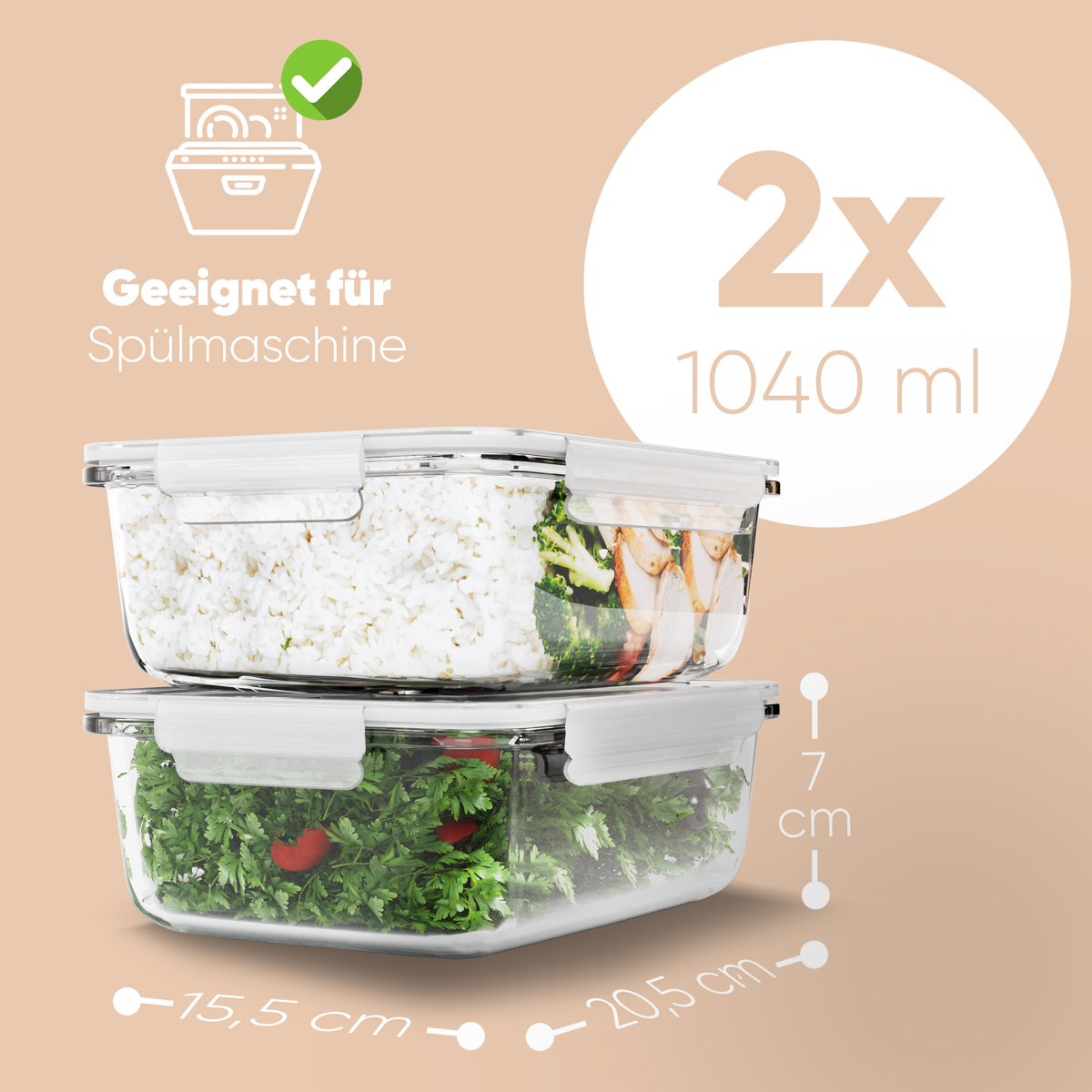 Due contenitori trasparenti per alimenti con coperchi bianchi. Uno contiene riso e broccoli, l'altro verdure e pomodori. Dimensioni indicate.