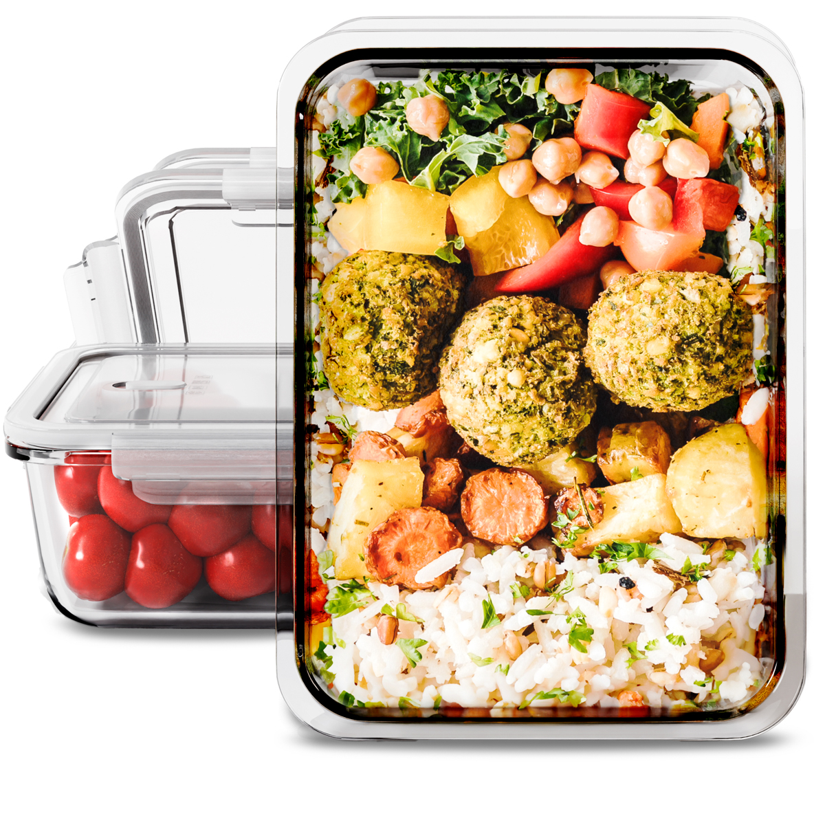 Contenitori per alimenti con falafel, verdure e riso. Un contenitore ha pomodori.