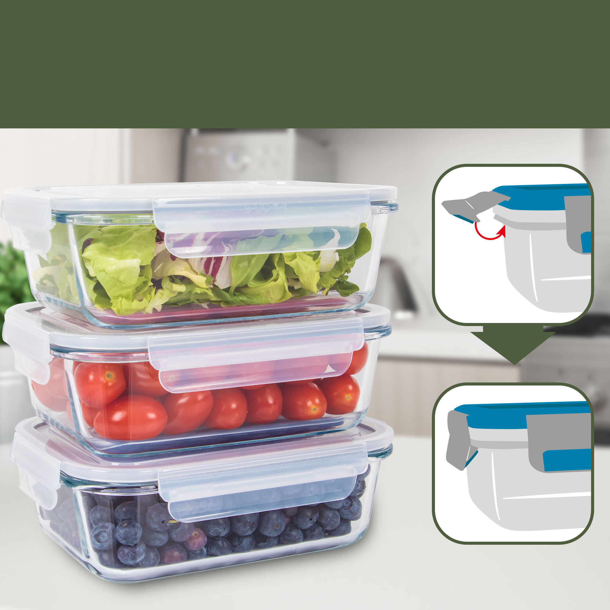 Trzy szklane pojemniki na żywność, wypełnione sałatą, pomidorami i jagodami, z ilustracjami pokrywek. Tło kuchenne.