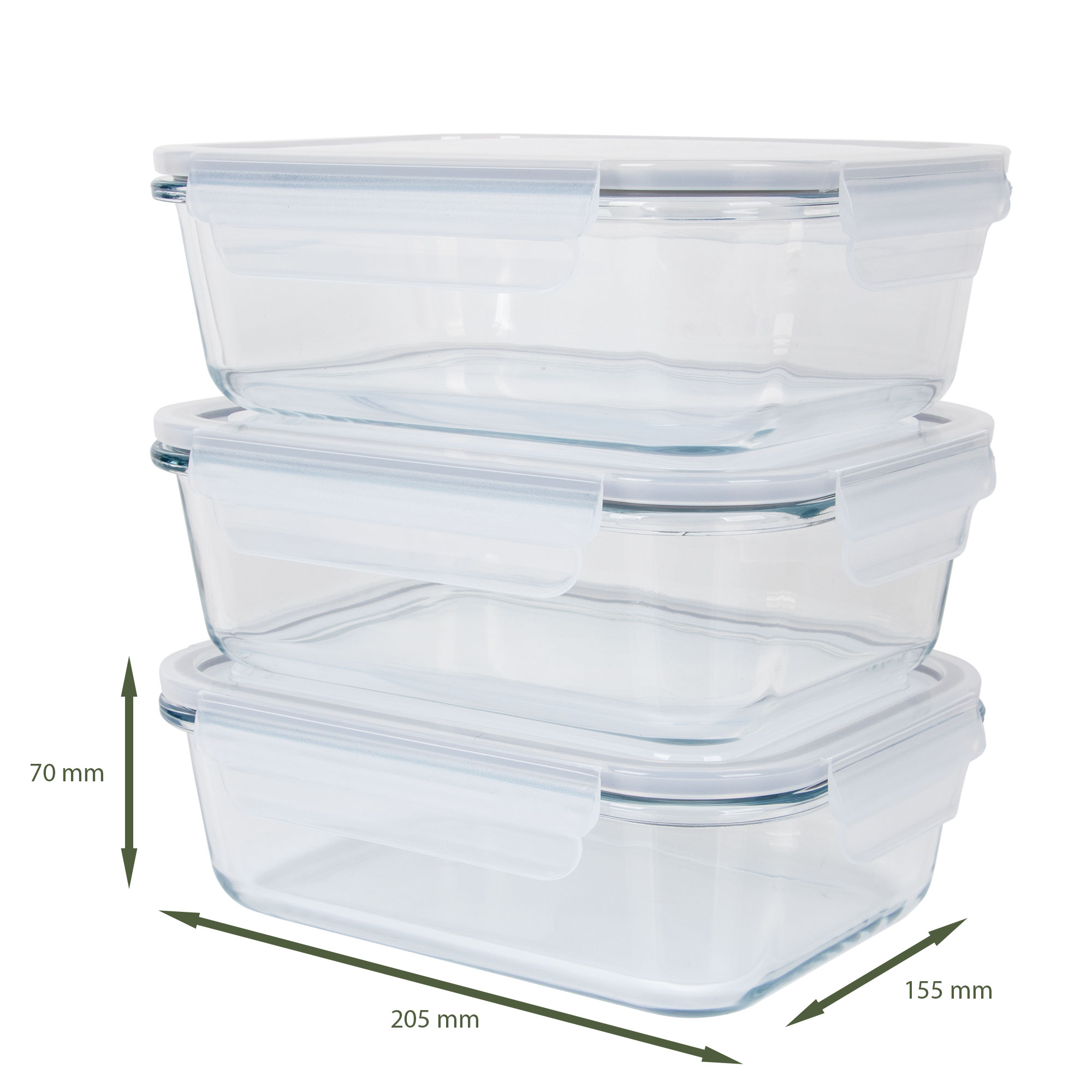 Trzy przezroczyste szklane pojemniki na żywność ułożone w stos. Każdy ma białą pokrywkę. Wymiary: 205 mm x 155 mm x 70 mm.
