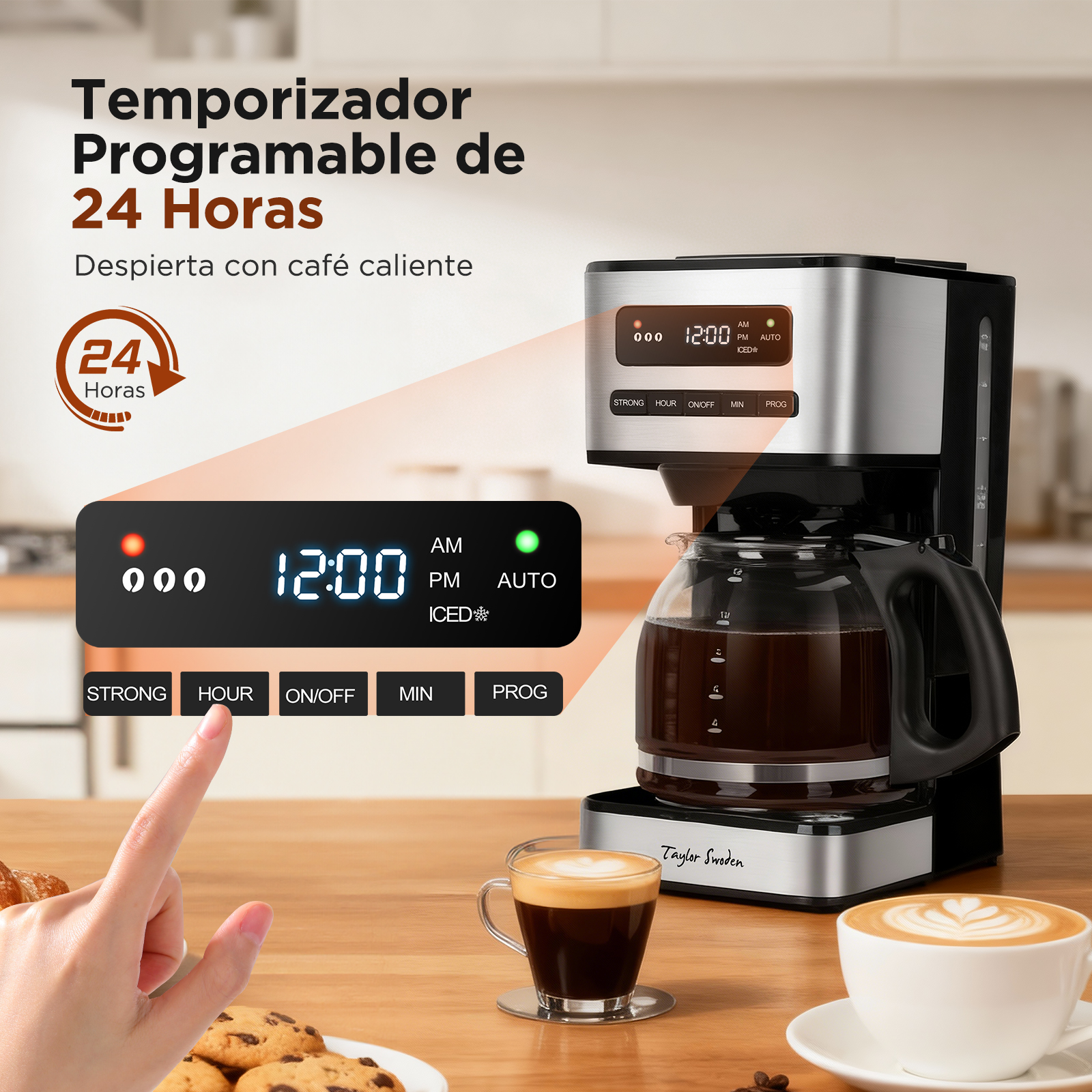 Cafetera con temporizador a las 12:00 PM. Una mano toca el botón 'hora'. Café y pasteles en la mesa.