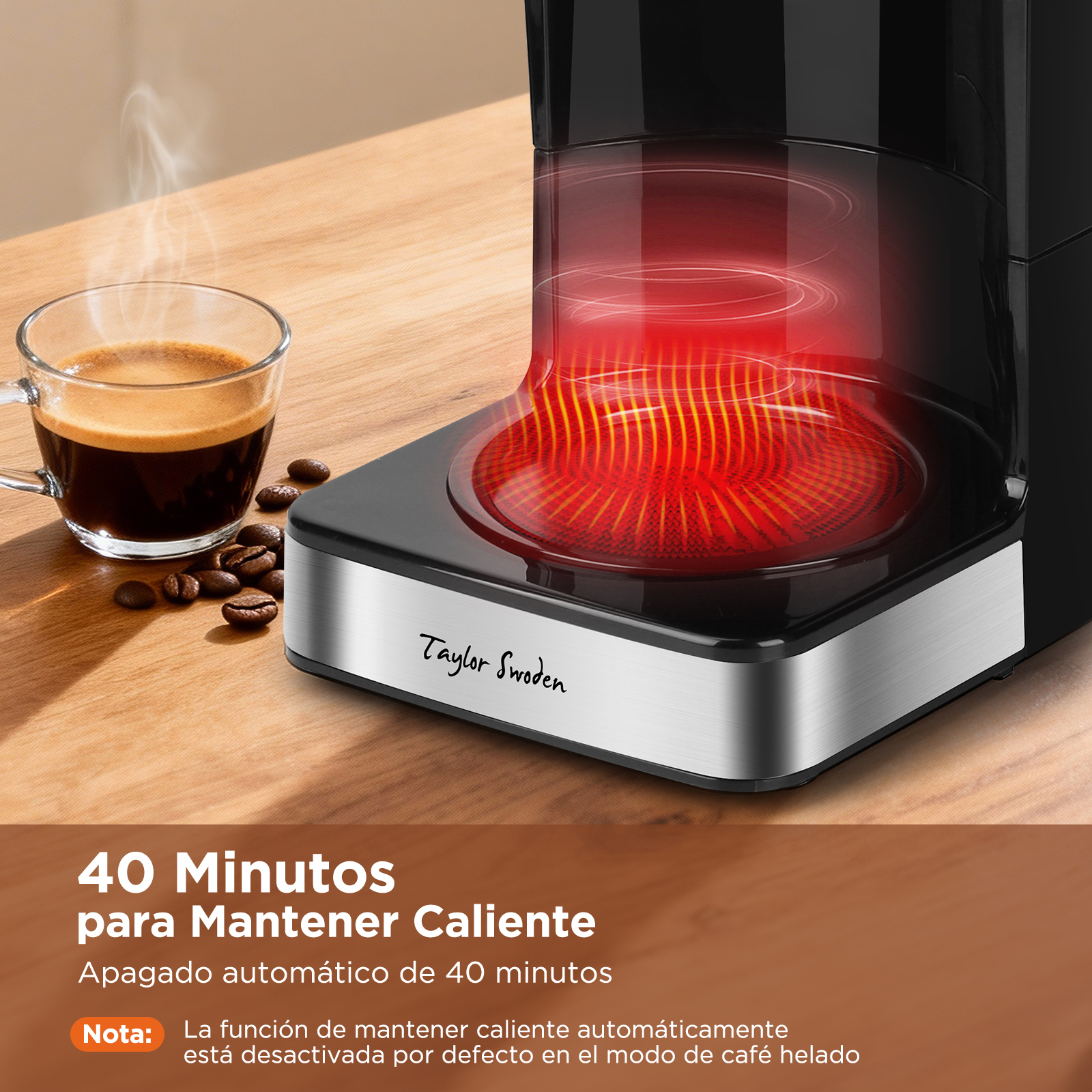 Una cafetera con una taza de café y granos sobre una superficie de madera. El calentador está brillando en rojo.