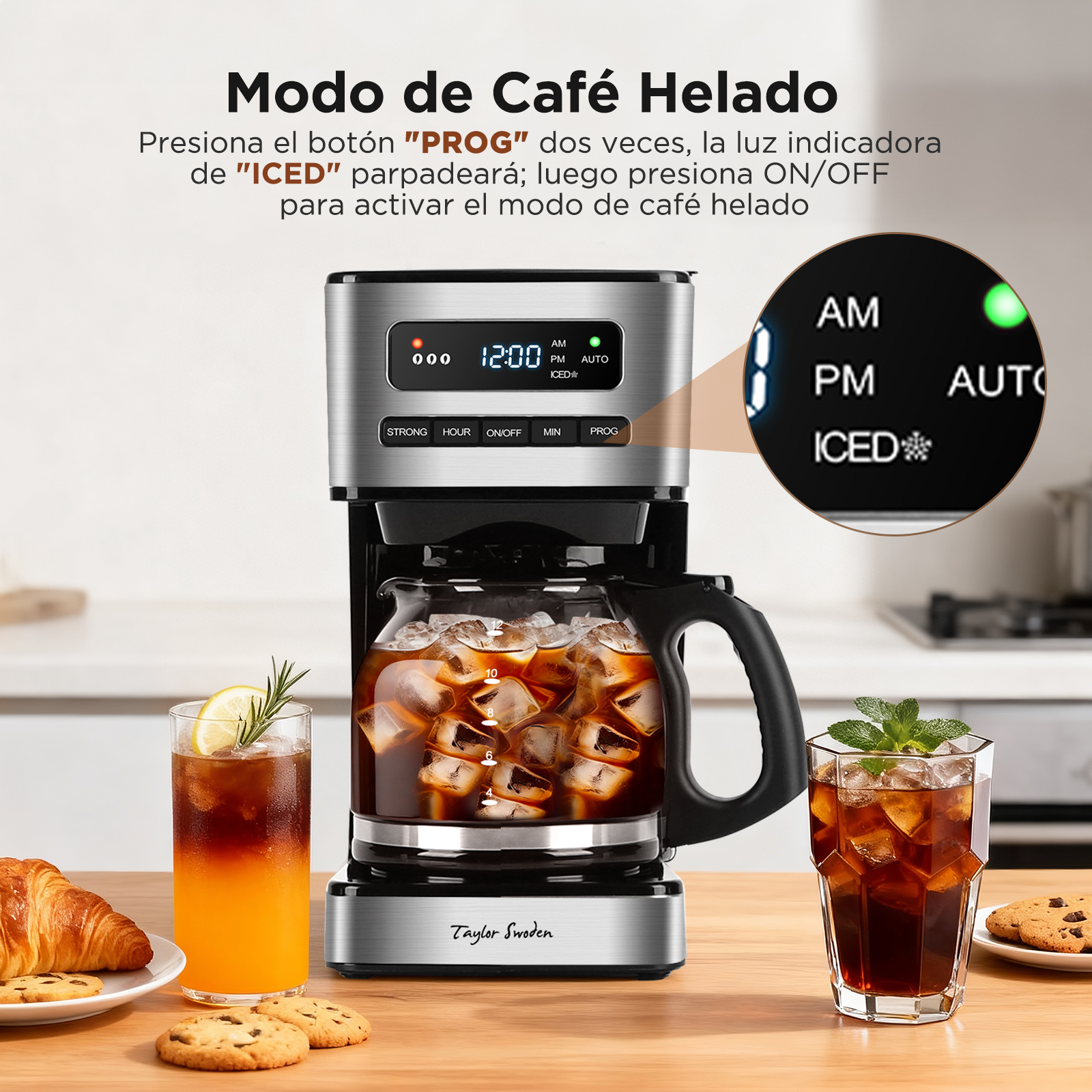 Cafetera con café helado. Bebidas, croissant y galletas en mesa de madera. Instrucciones arriba.