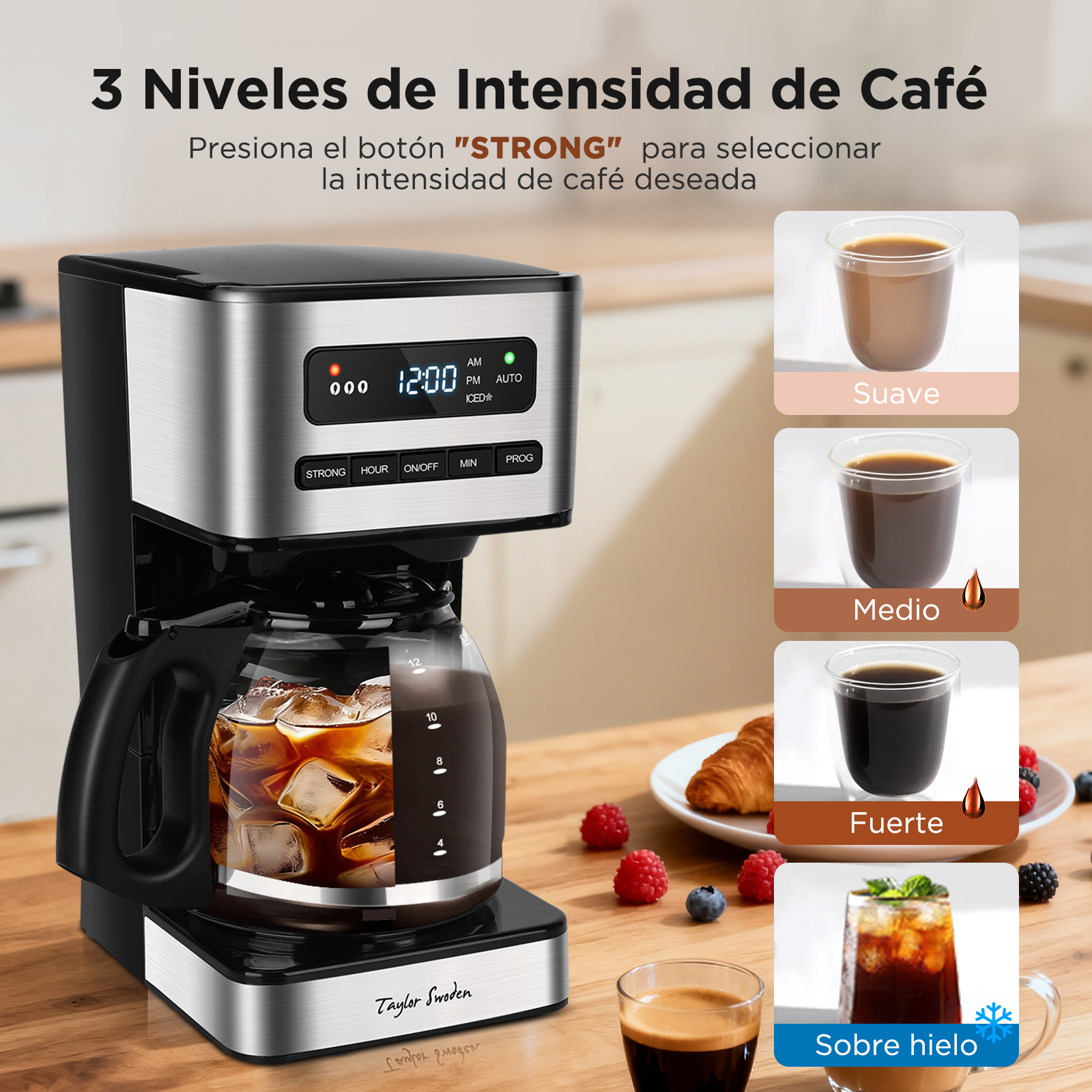 Cafetera con tres niveles de intensidad. Incluye imágenes de café y café helado. Se ven bayas y un cruasán.