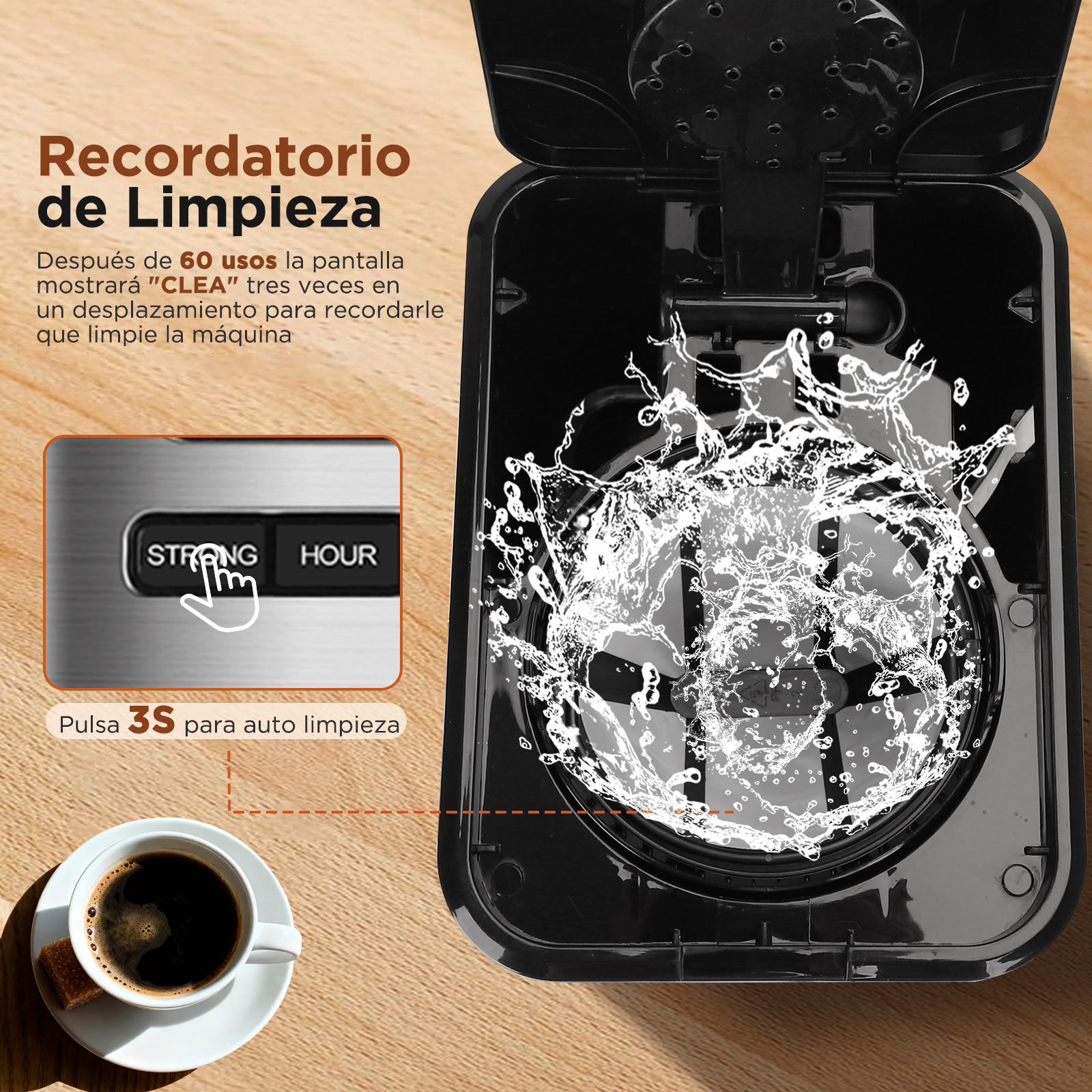 Cafetera con salpicaduras de agua dentro. Una taza de café con una galleta a la izquierda.