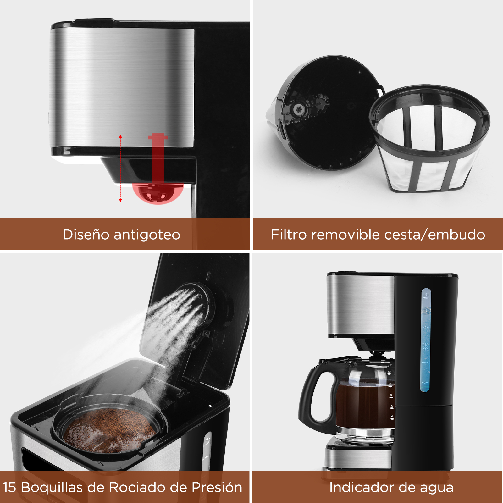 Cafetera con diseño antigoteo, filtro extraíble, boquillas de presión e indicador de nivel de agua. El café se está haciendo.