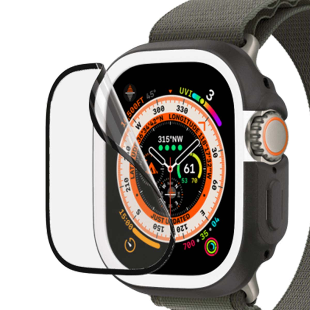 Primo piano di uno smartwatch con protezione per lo schermo applicata. Il quadrante mostra dati di bussola e salute. È attaccato un cinturino verde.